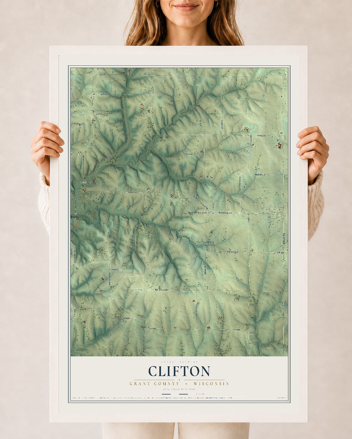 Map of Clifton, Grant County, Wisconsin, 24 x 36 inch print in a white wood frame