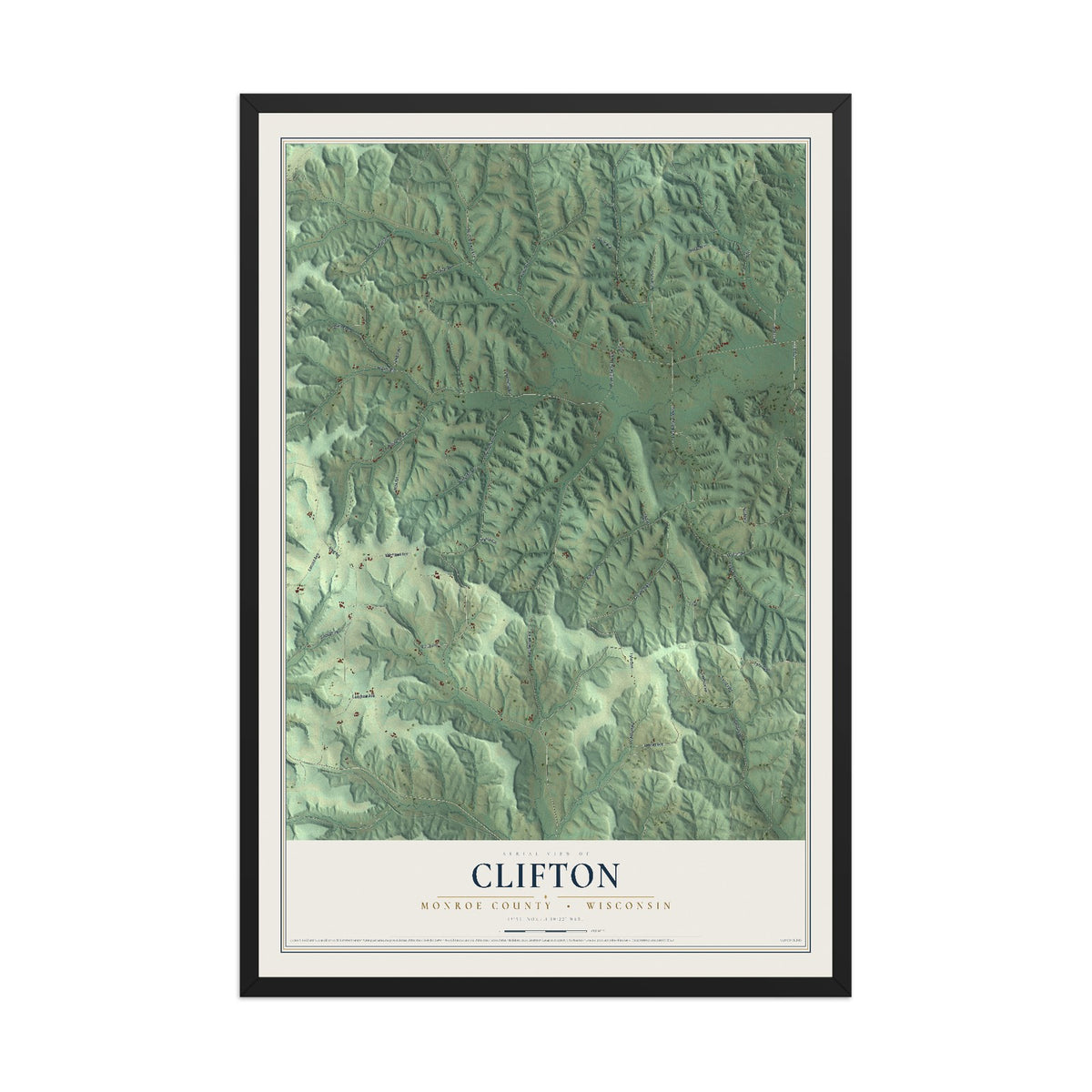 Map of Clifton, Monroe County, Wisconsin, 12 x 18 inch print in a black wood frame