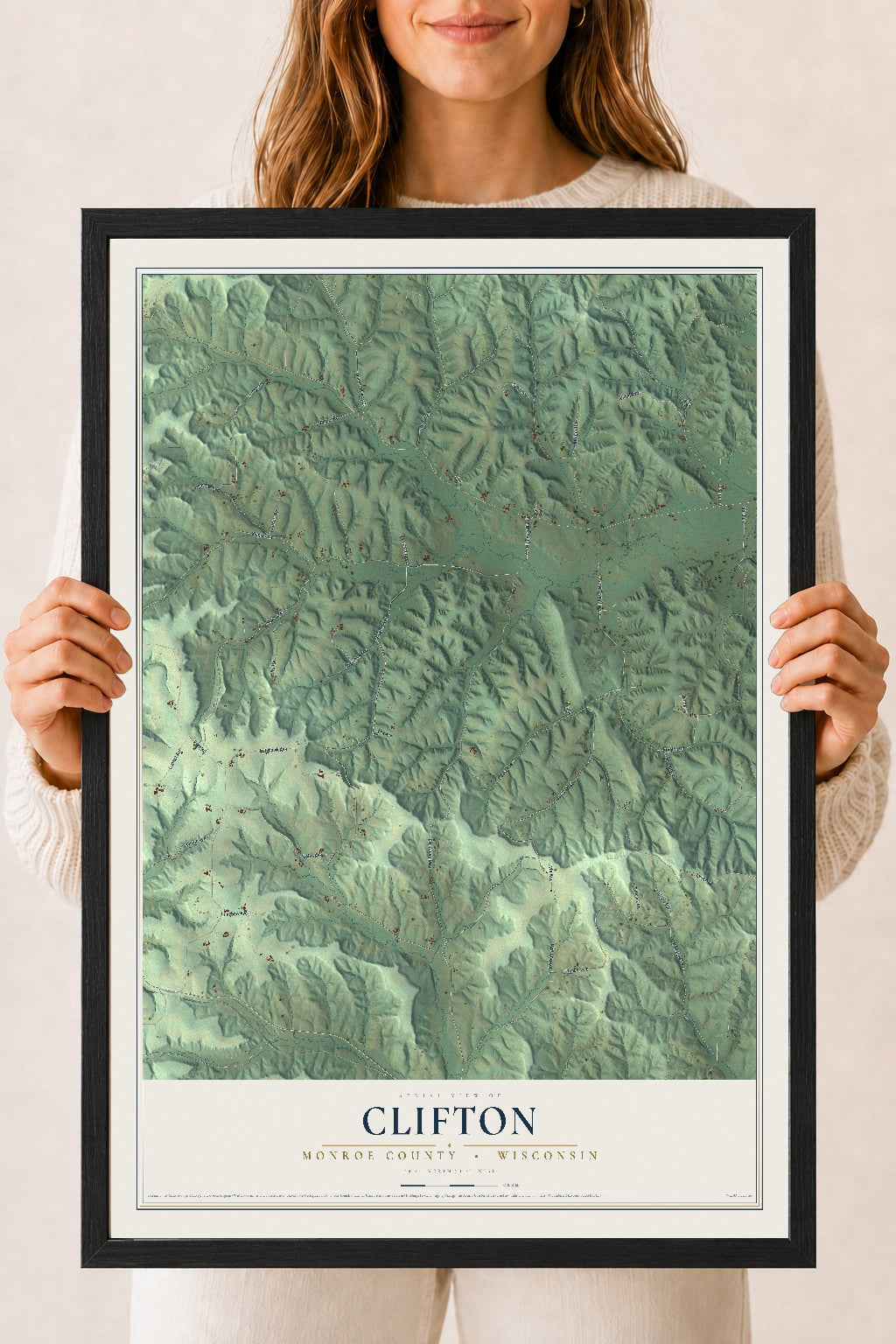 Map of Clifton, Monroe County, Wisconsin, 18 x 24 inch print in a black wood frame
