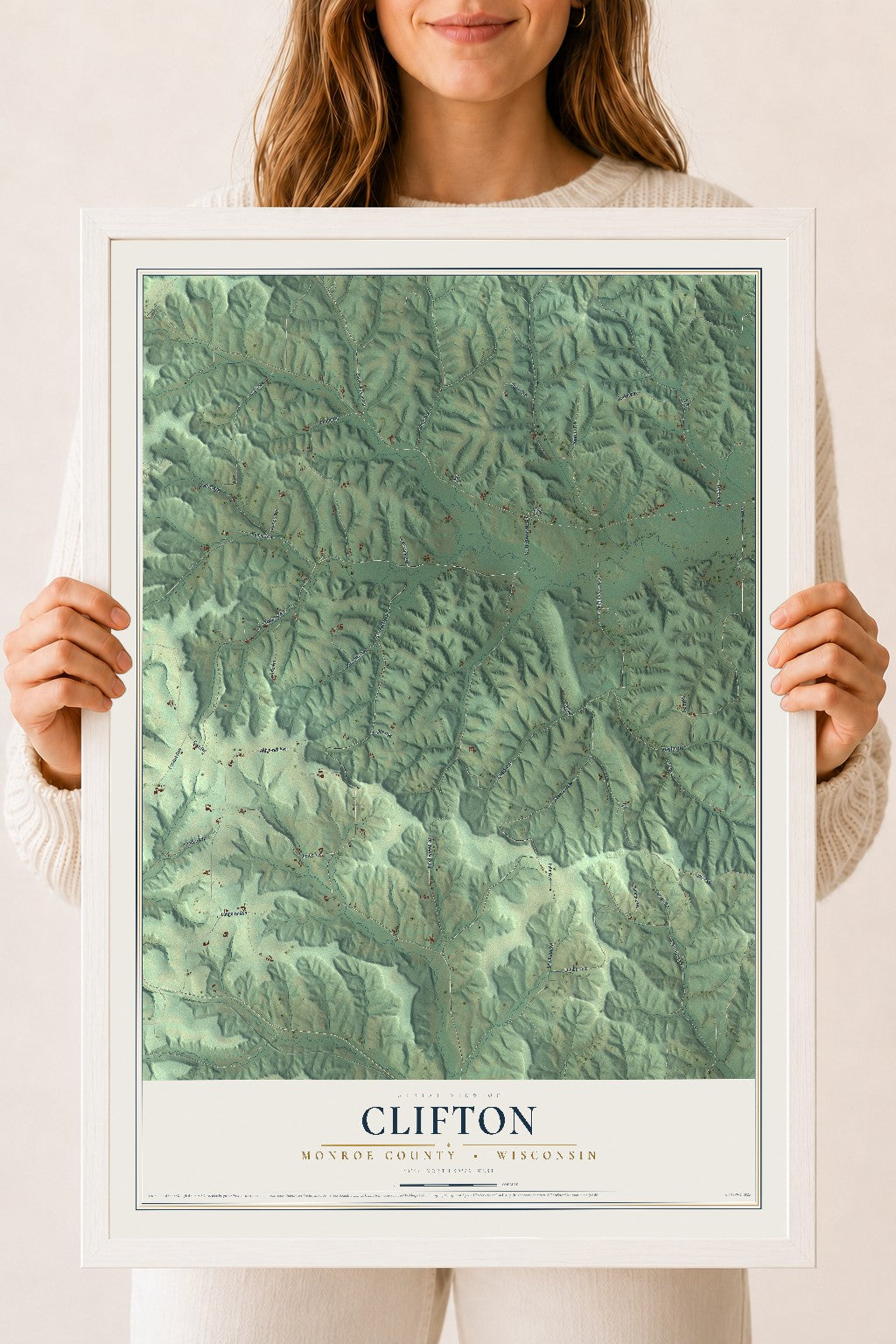 Map of Clifton, Monroe County, Wisconsin, 18 x 24 inch print in a white wood frame