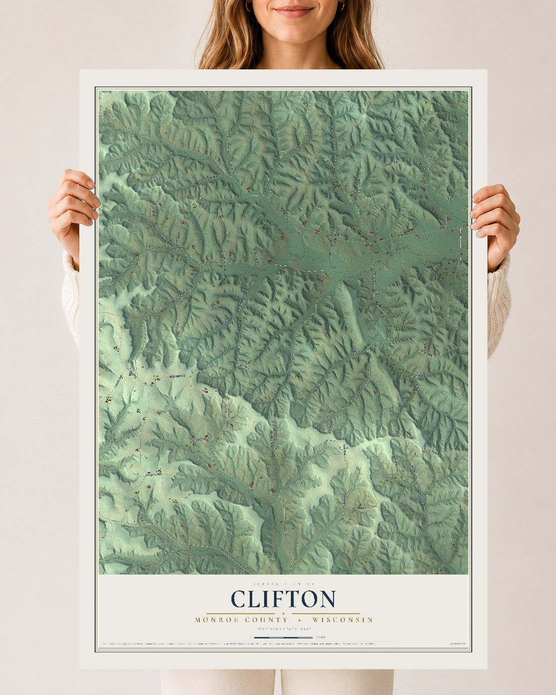 Map of Clifton, Monroe County, Wisconsin, 24 x 36 inch unframed archival matte print