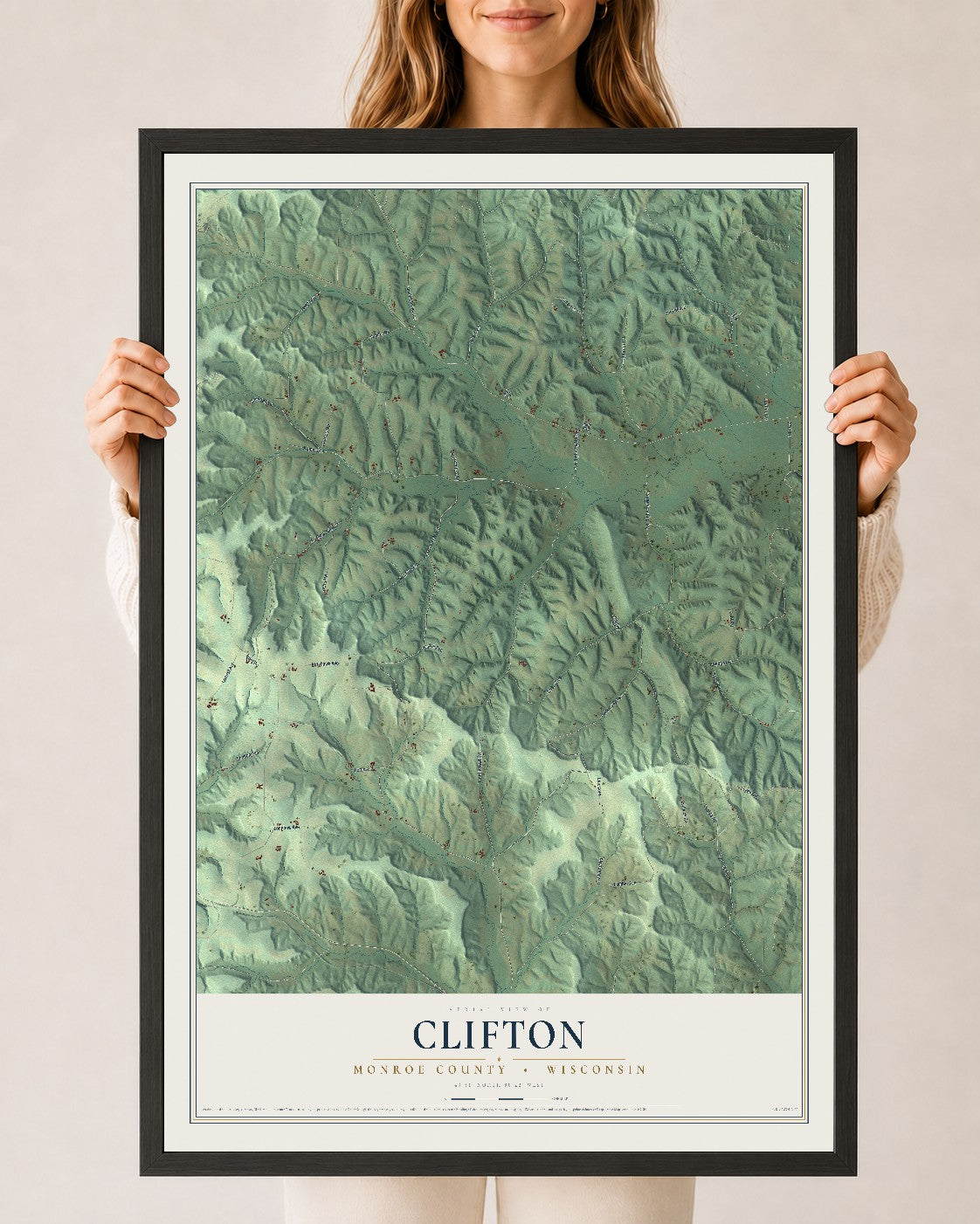Map of Clifton, Monroe County, Wisconsin, 24 x 36 inch print in a black wood frame