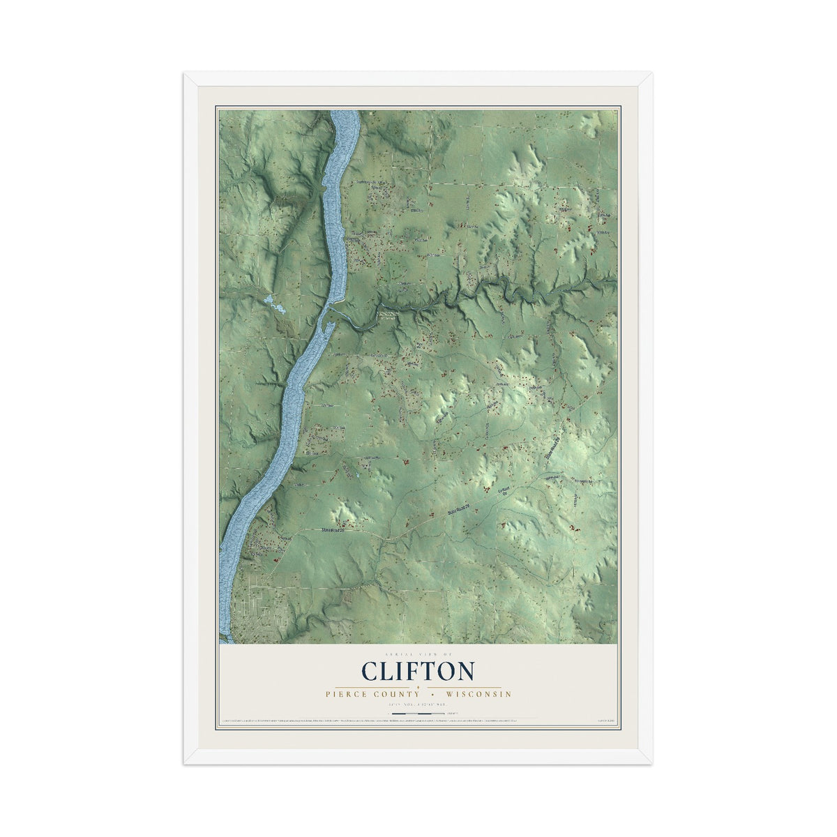 Map of Clifton, Pierce County, Wisconsin, 12 x 18 inch print in a white wood frame