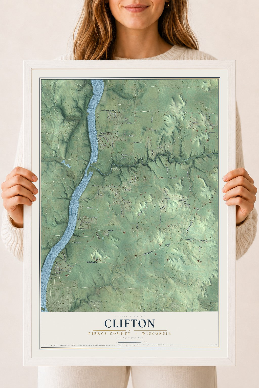Map of Clifton, Pierce County, Wisconsin, 18 x 24 inch print in a white wood frame