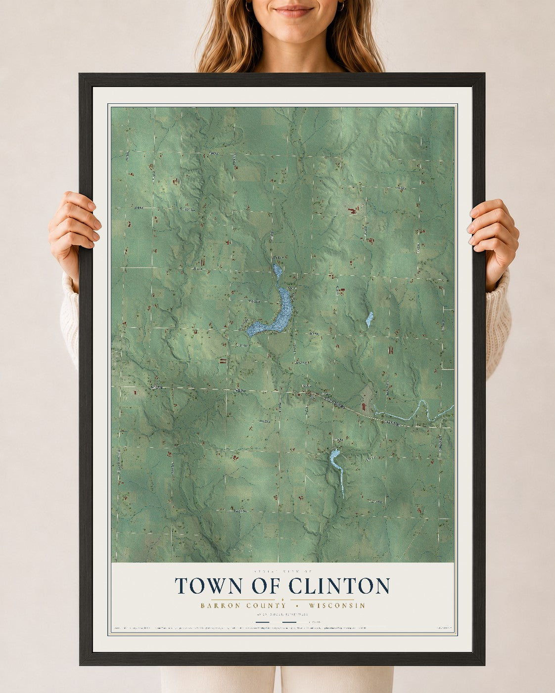 Map of the Town of Clinton, Barron County, Wisconsin, 24 x 36 inch print in a black wood frame