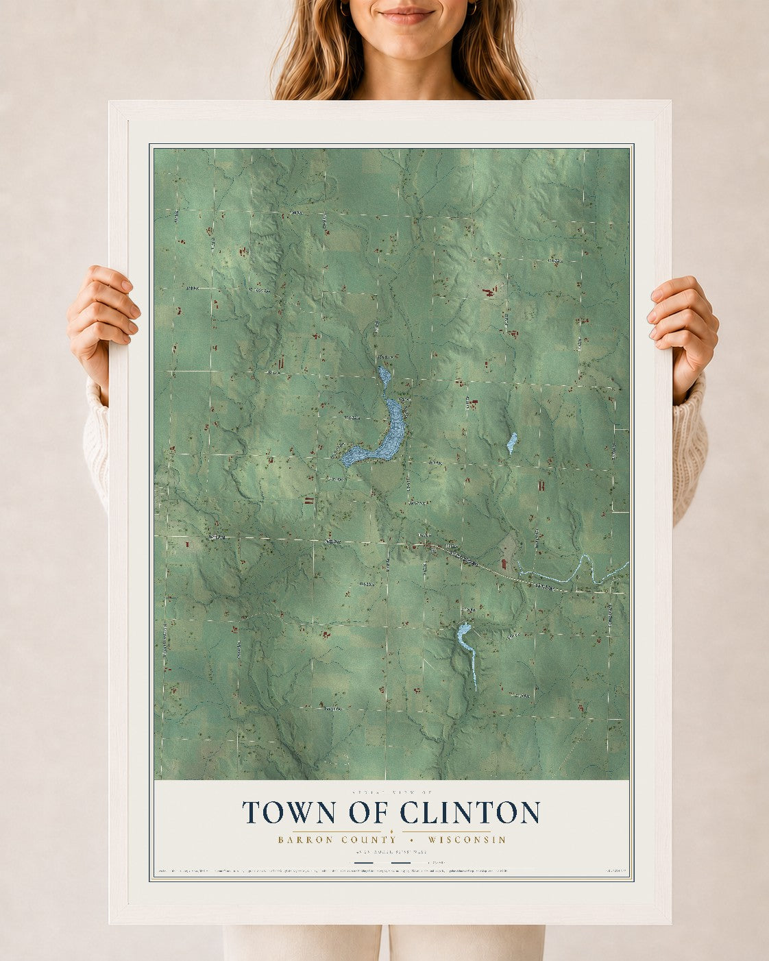 Map of the Town of Clinton, Barron County, Wisconsin, 24 x 36 inch print in a white wood frame
