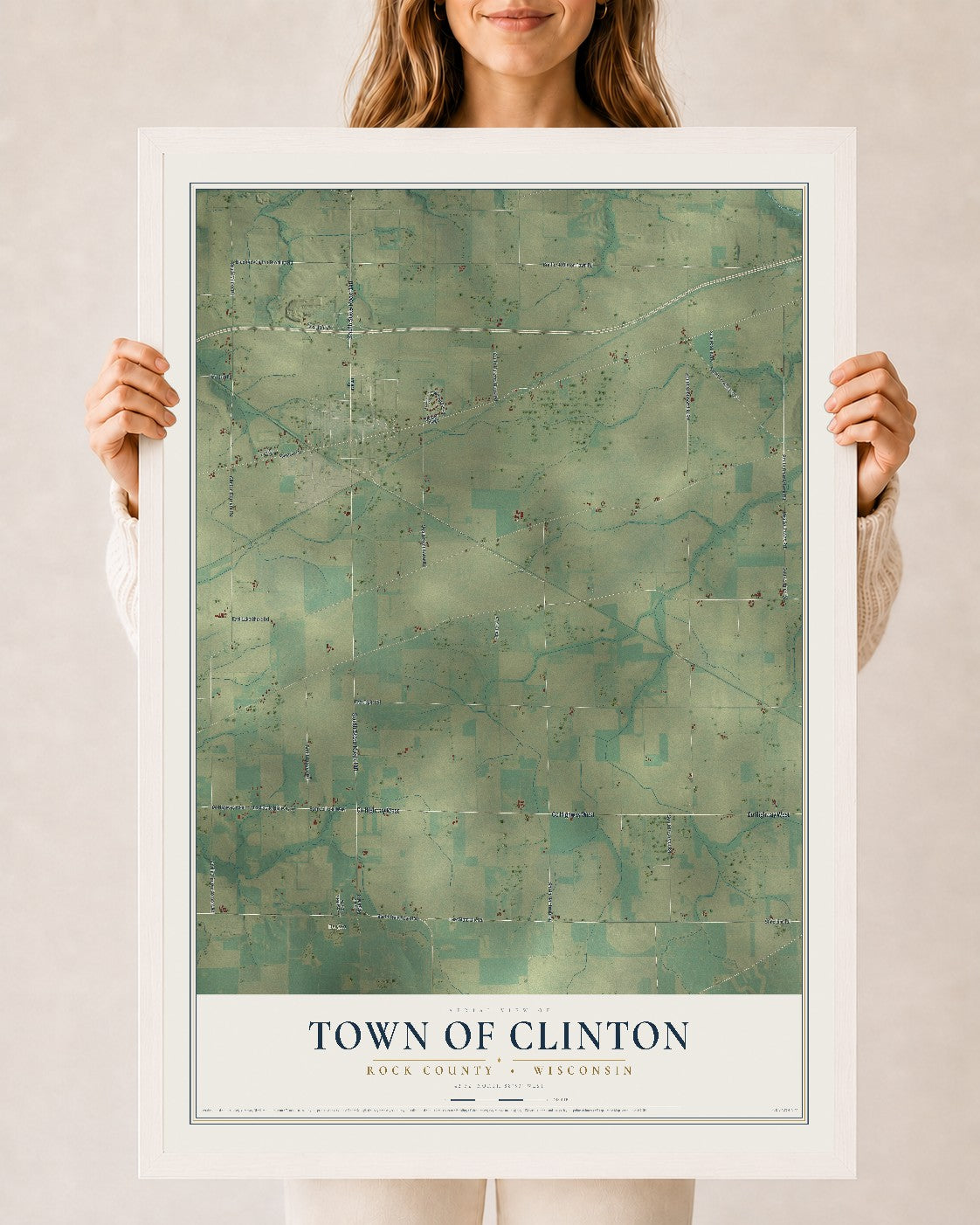 Map of the Town of Clinton, Rock County, Wisconsin, 24 x 36 inch print in a white wood frame