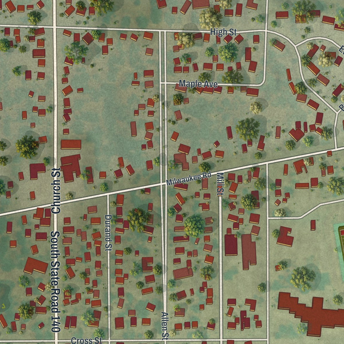 Close-up of the map of Clinton, Wisconsin print showing street and building detail