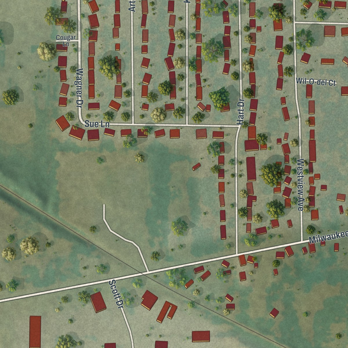 Second close-up of the map of Clinton, Wisconsin print showing more streets and buildings