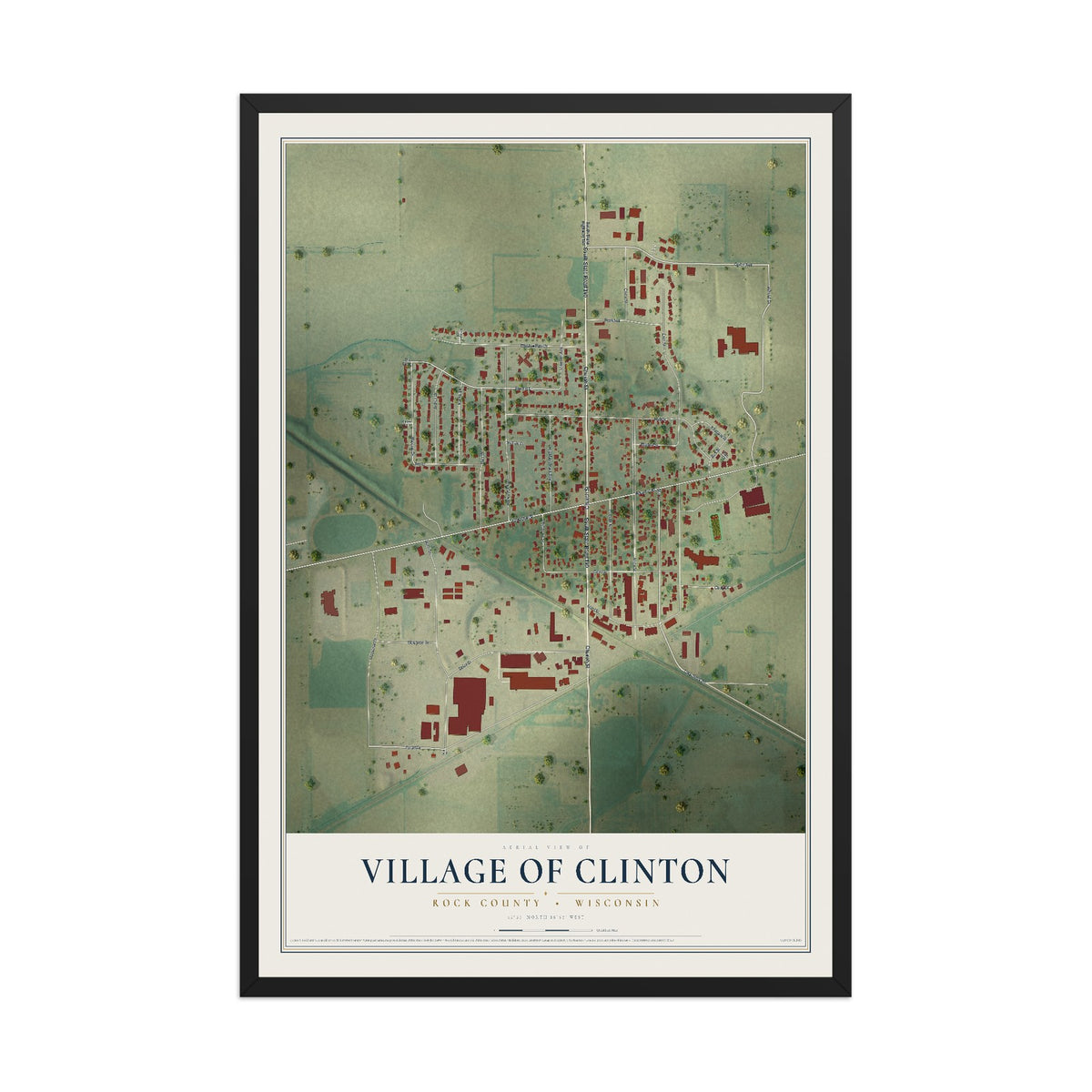Map of Clinton, Wisconsin, 12 x 18 inch print in a black wood frame