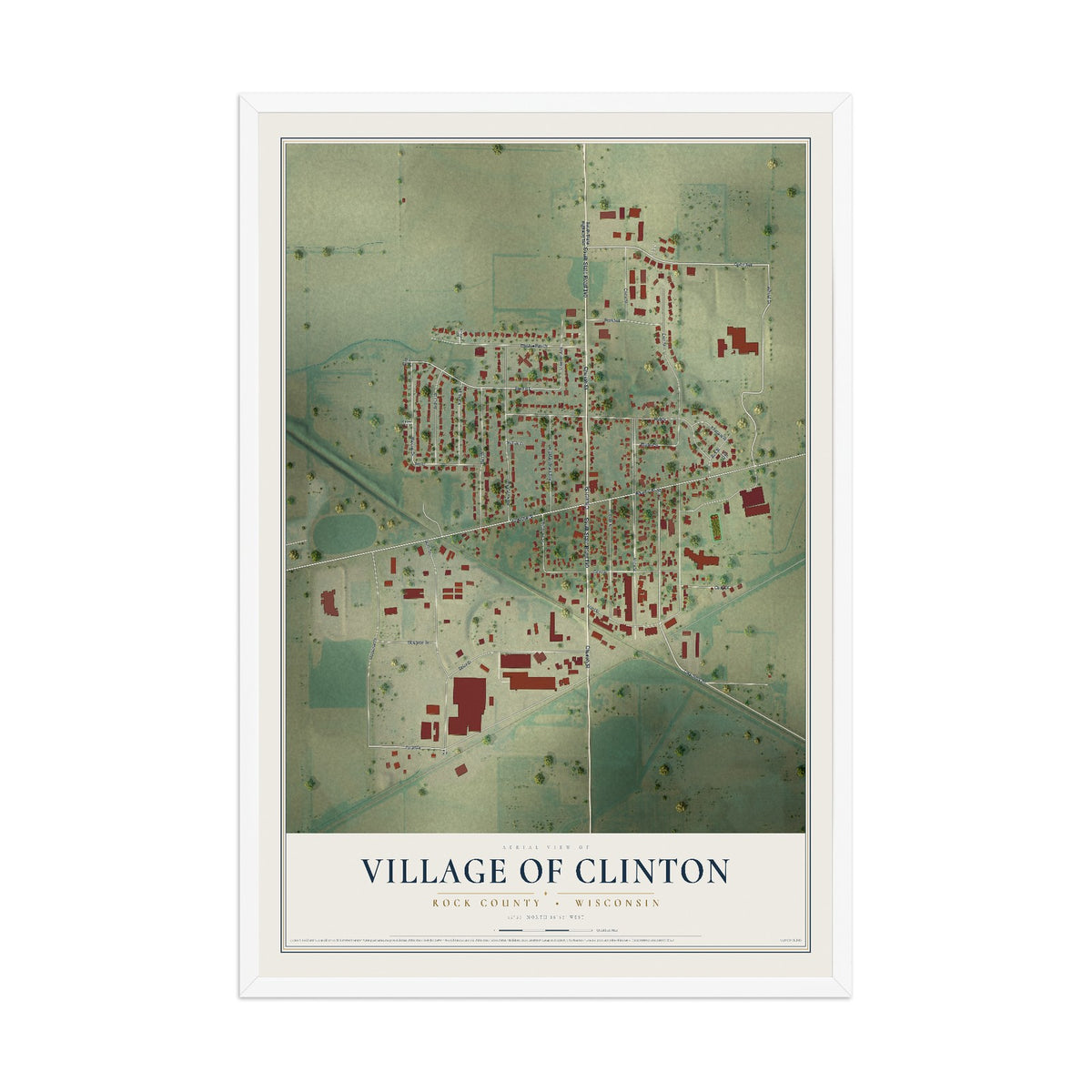 Map of Clinton, Wisconsin, 12 x 18 inch print in a white wood frame