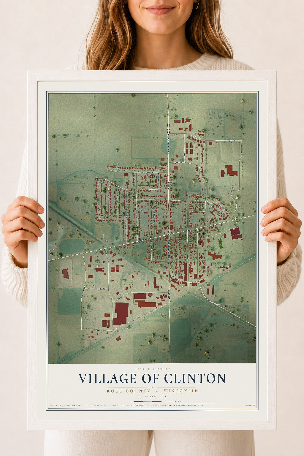 Map of Clinton, Wisconsin, 18 x 24 inch print in a white wood frame