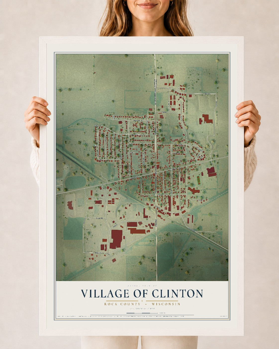 Map of Clinton, Wisconsin, 24 x 36 inch print in a white wood frame