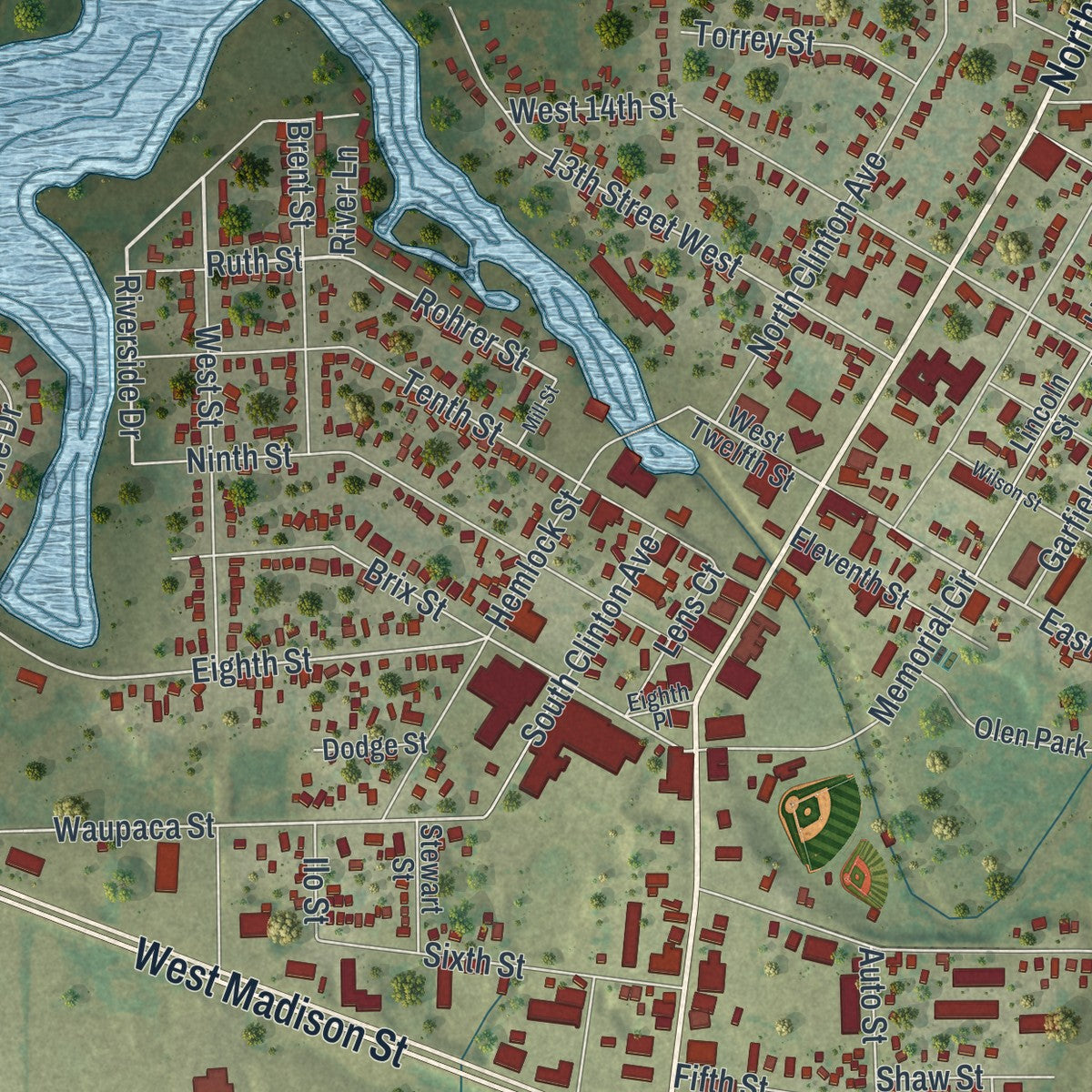 Close-up of the map of Clintonville, Wisconsin print showing street and building detail