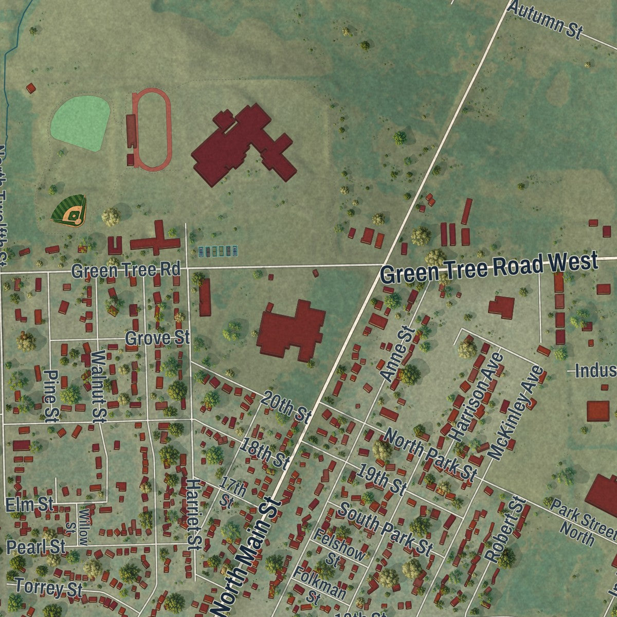 Second close-up of the map of Clintonville, Wisconsin print showing more streets and buildings