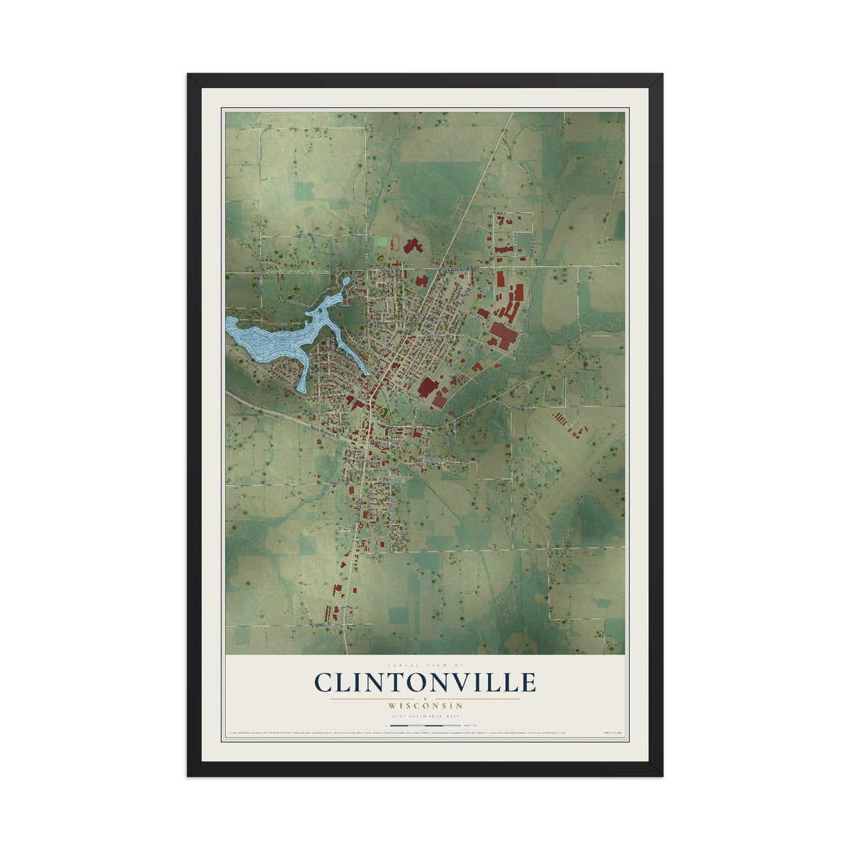 Map of Clintonville, Wisconsin, 12 x 18 inch print in a black wood frame