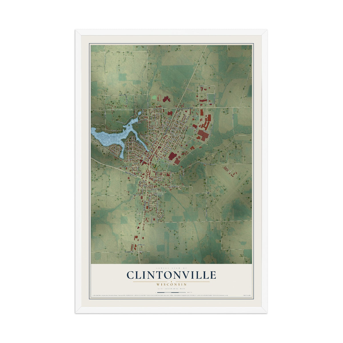 Map of Clintonville, Wisconsin, 12 x 18 inch print in a white wood frame