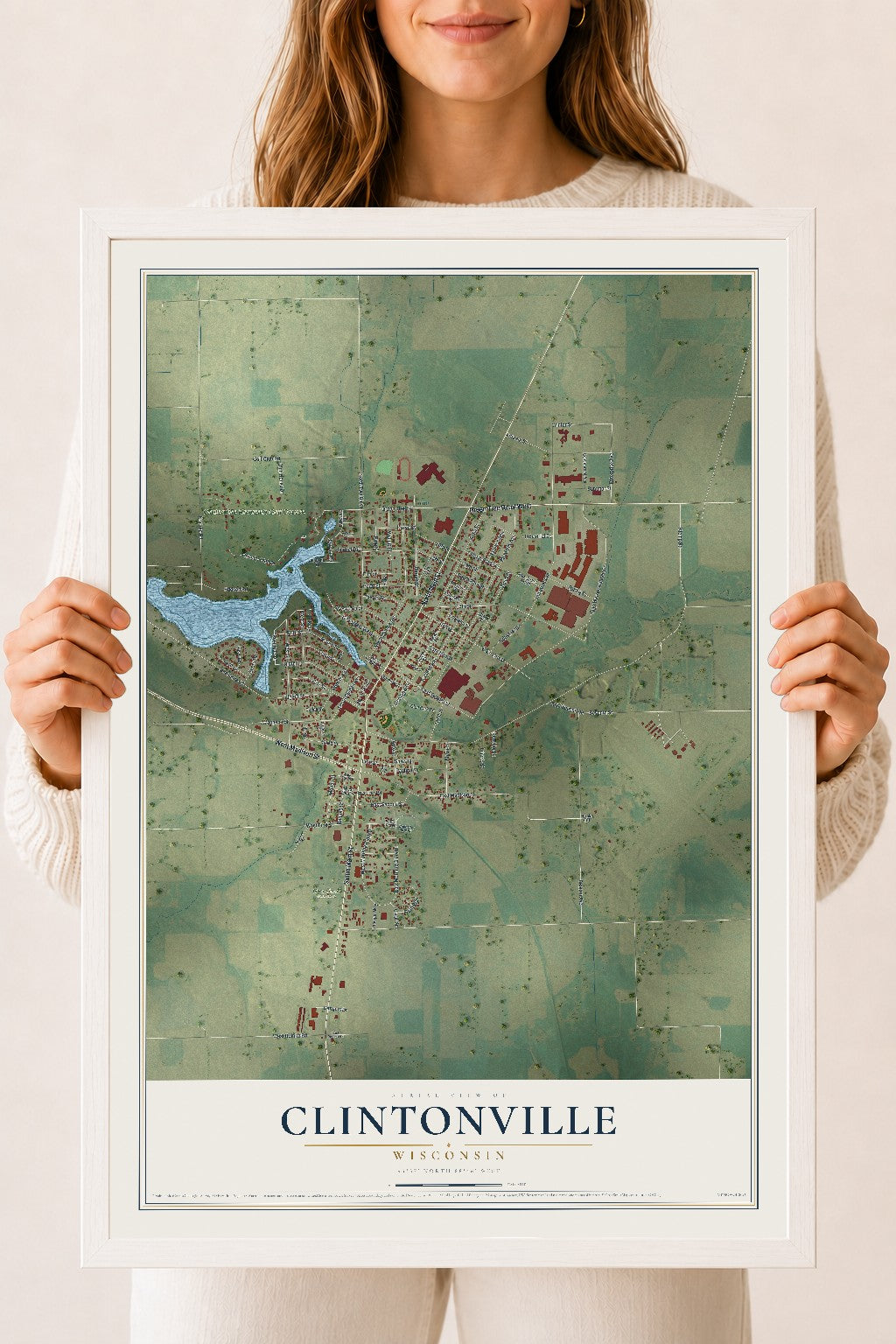 Map of Clintonville, Wisconsin, 18 x 24 inch print in a white wood frame