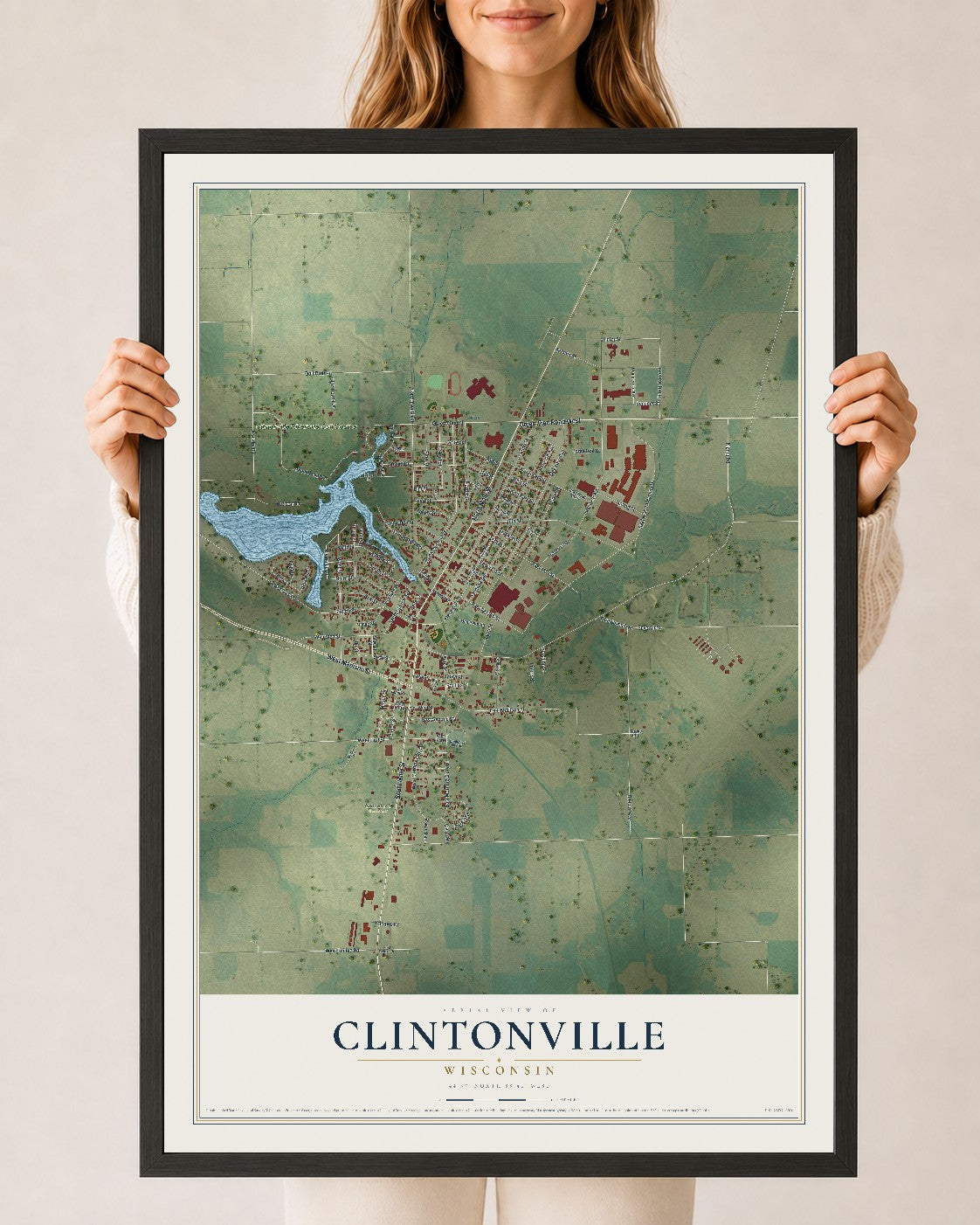Map of Clintonville, Wisconsin, 24 x 36 inch print in a black wood frame