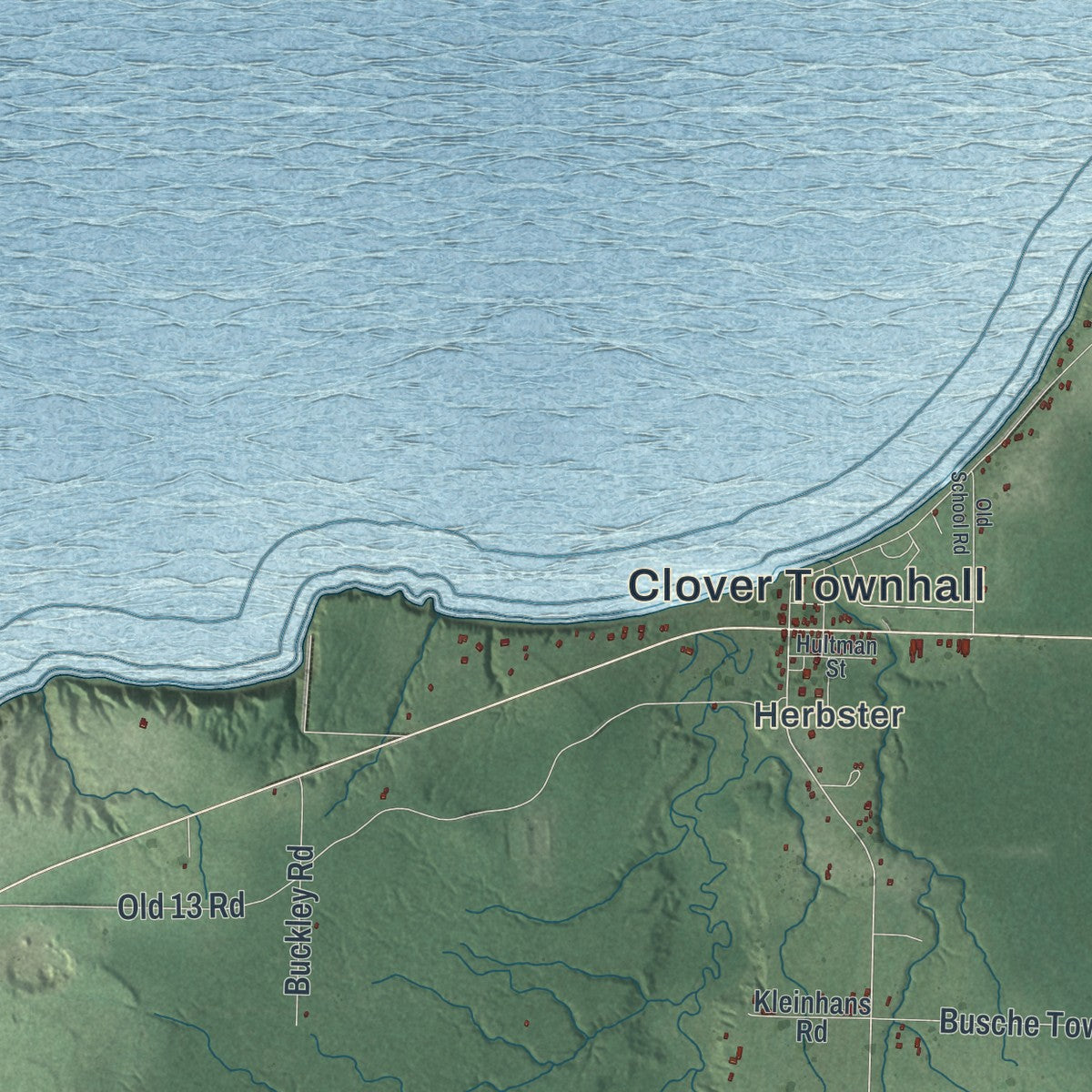 Second close-up of the map of Clover, Wisconsin print showing more streets and buildings