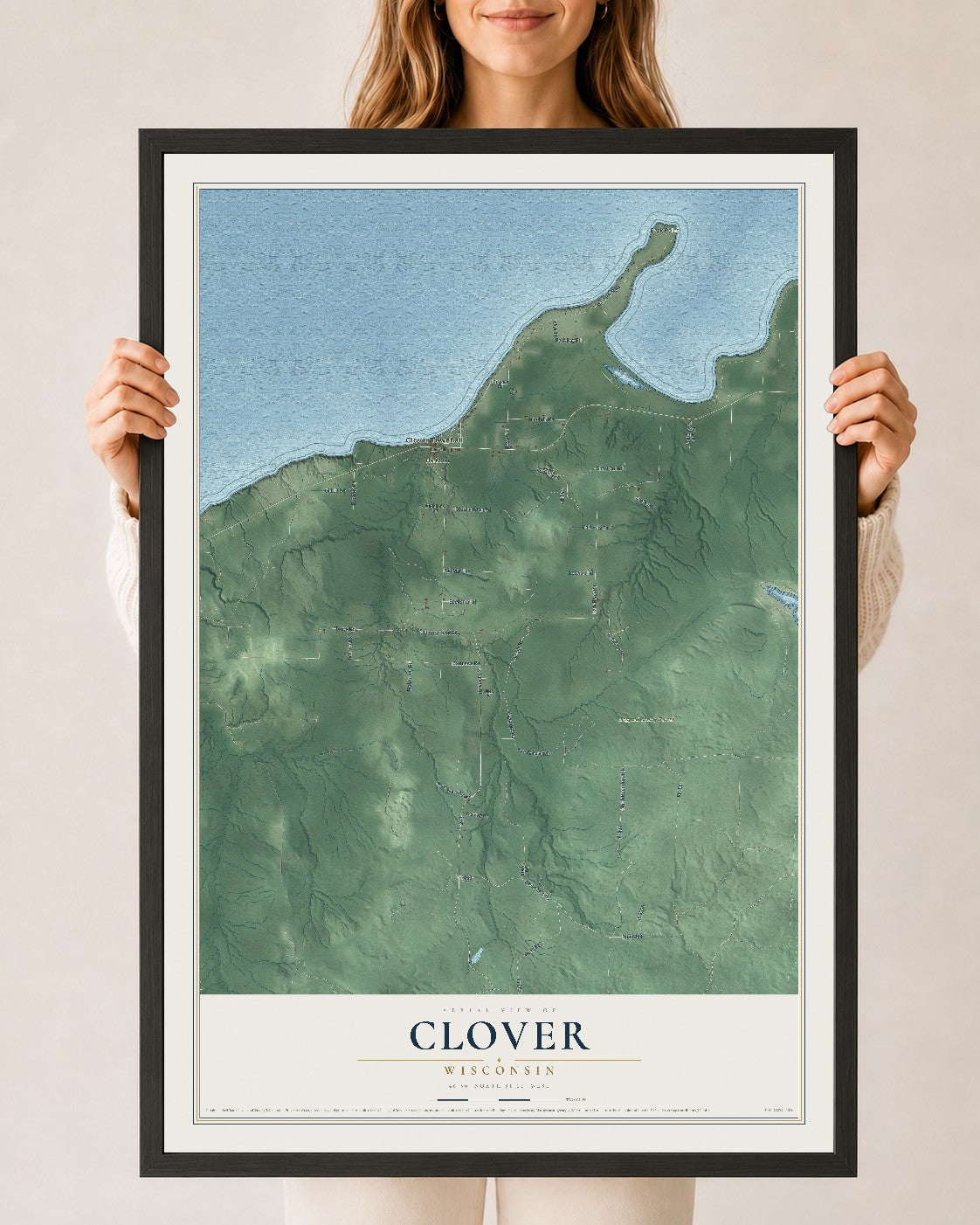 Map of Clover, Wisconsin, 24 x 36 inch print in a black wood frame