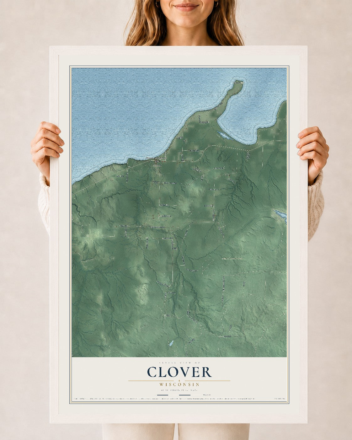 Map of Clover, Wisconsin, 24 x 36 inch print in a white wood frame