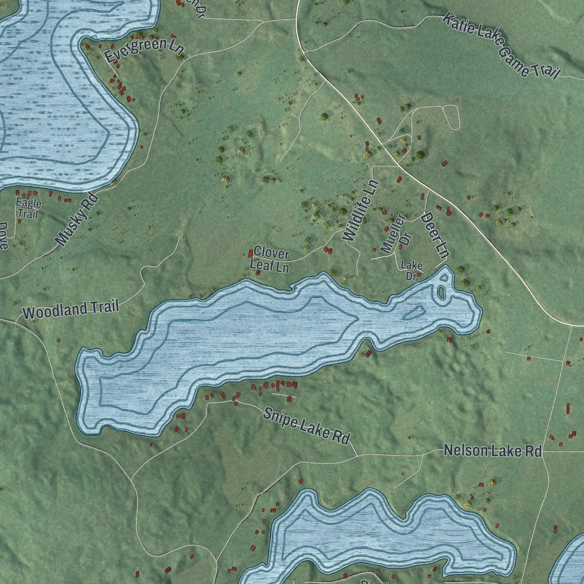 Second close-up of the map of Cloverland, Vilas County, Wisconsin print showing more streets and buildings