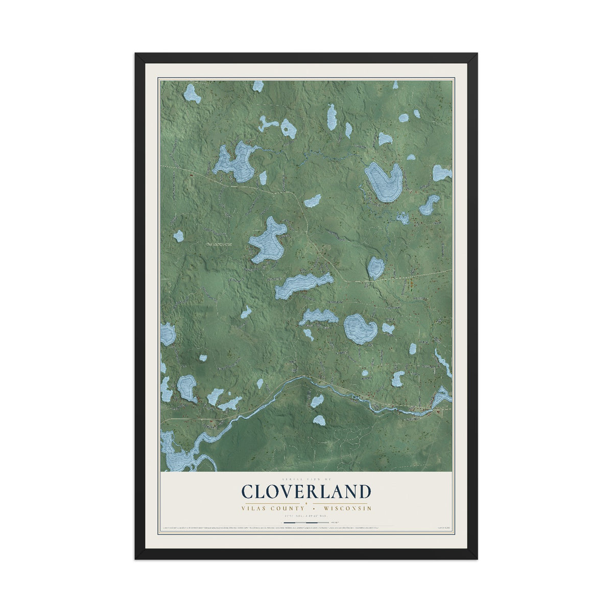 Map of Cloverland, Vilas County, Wisconsin, 12 x 18 inch print in a black wood frame