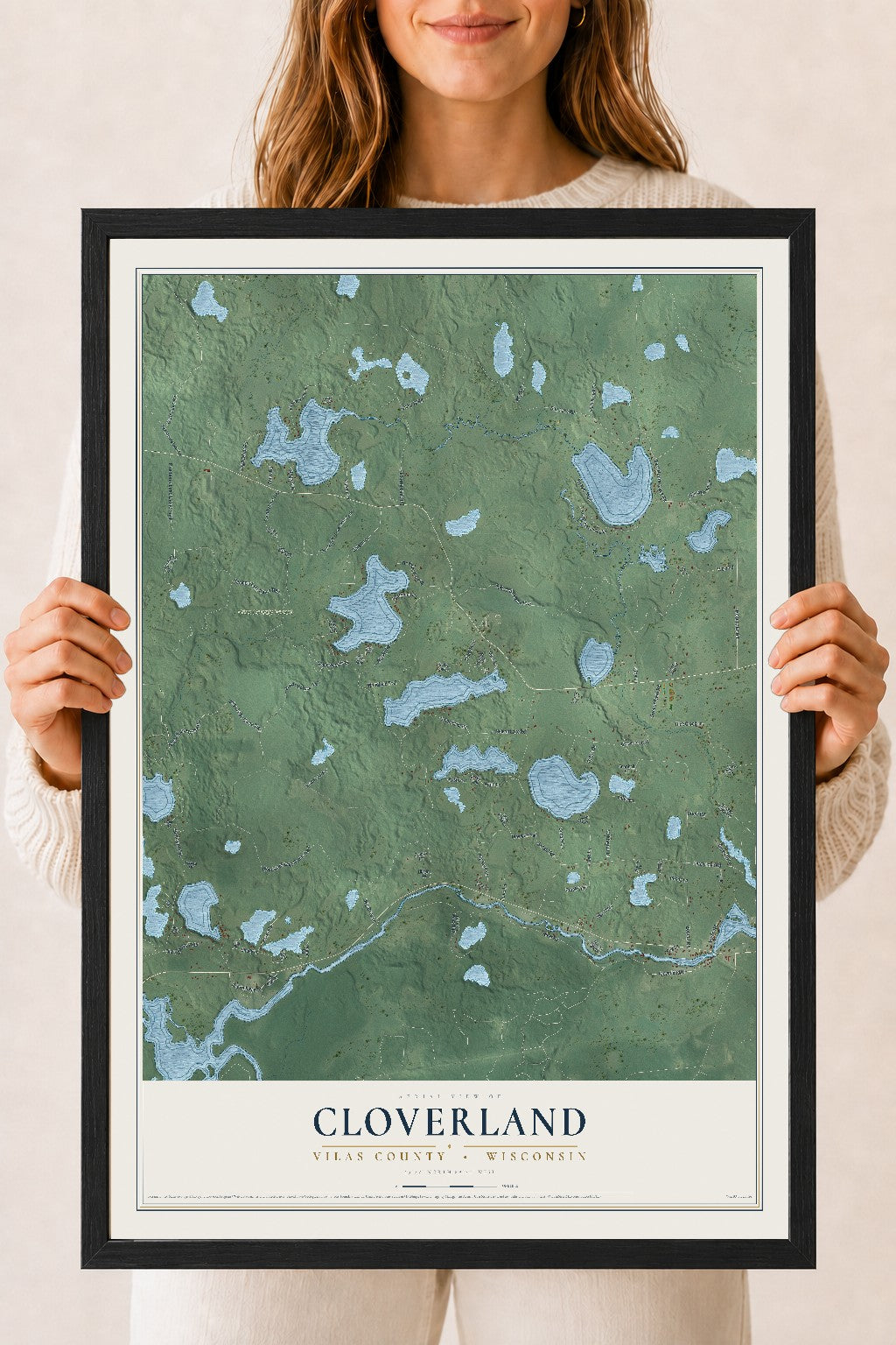 Map of Cloverland, Vilas County, Wisconsin, 18 x 24 inch print in a black wood frame