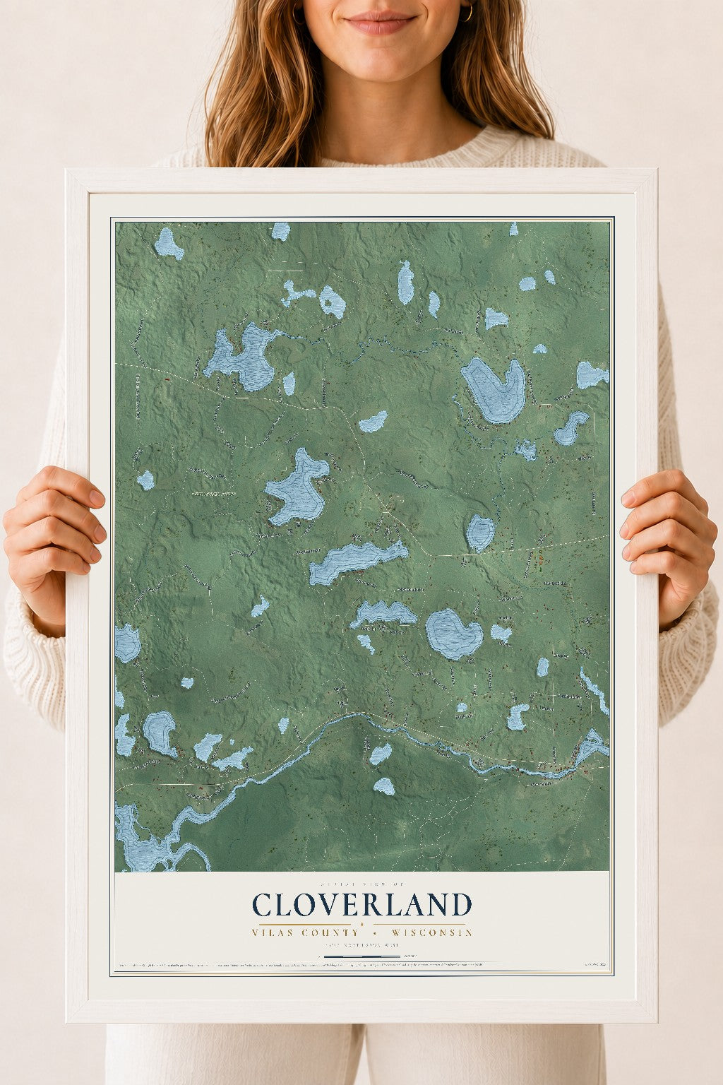 Map of Cloverland, Vilas County, Wisconsin, 18 x 24 inch print in a white wood frame