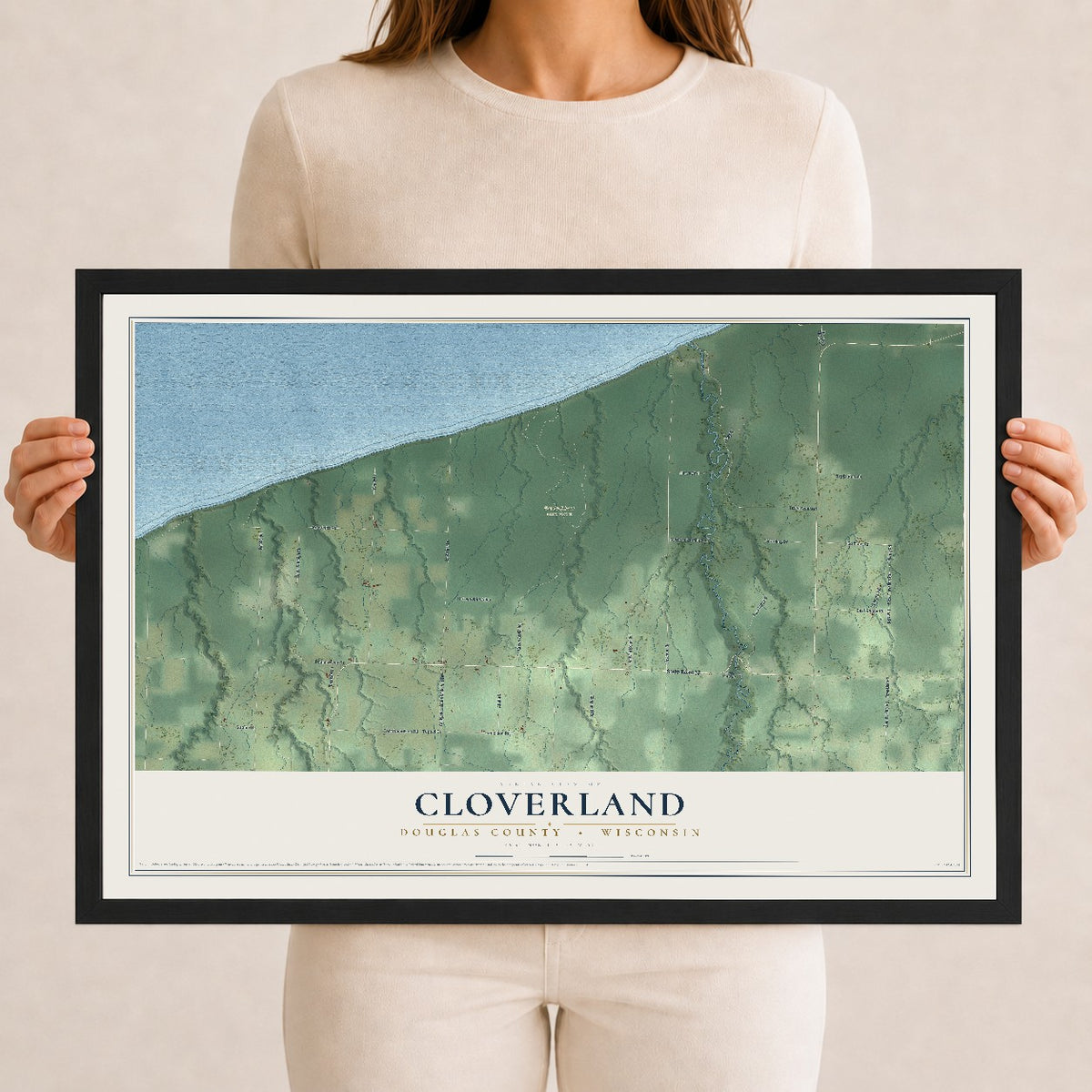 Map of Cloverland, Douglas County, Wisconsin, 12 x 18 inch print in a black wood frame