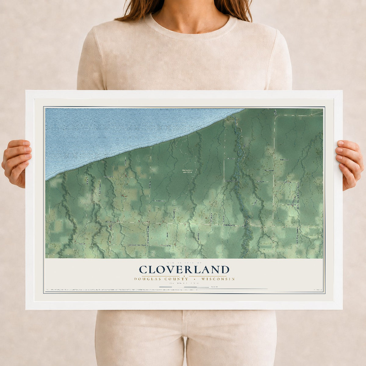 Map of Cloverland, Douglas County, Wisconsin, 12 x 18 inch print in a white wood frame