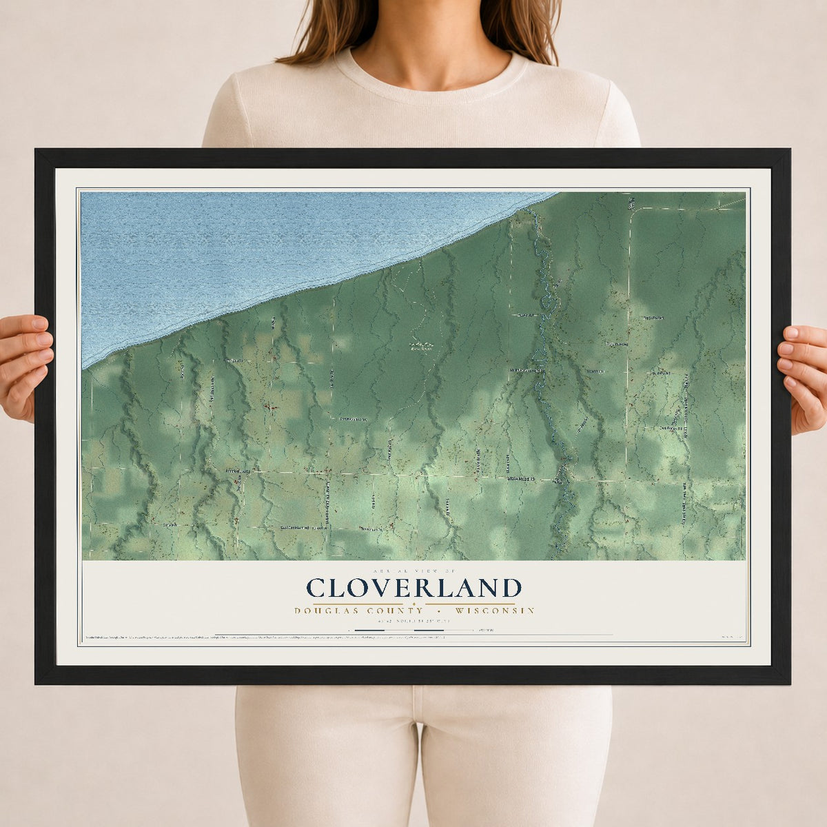 Map of Cloverland, Douglas County, Wisconsin, 18 x 24 inch print in a black wood frame