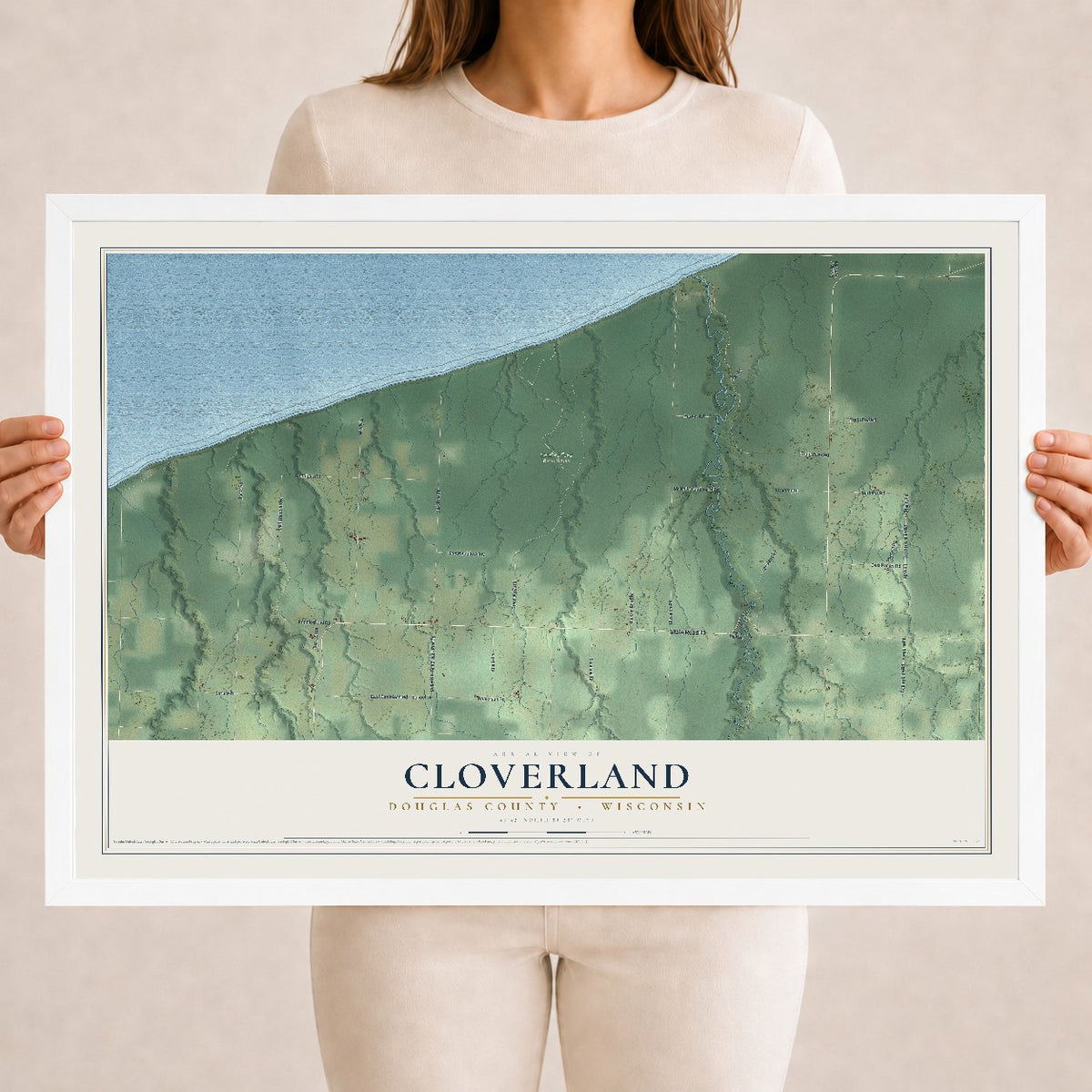 Map of Cloverland, Douglas County, Wisconsin, 18 x 24 inch print in a white wood frame