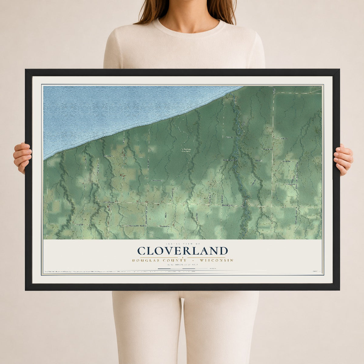 Map of Cloverland, Douglas County, Wisconsin, 24 x 36 inch print in a black wood frame