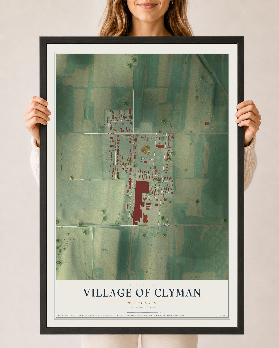 Map of Clyman, Wisconsin, 24 x 36 inch print in a black wood frame