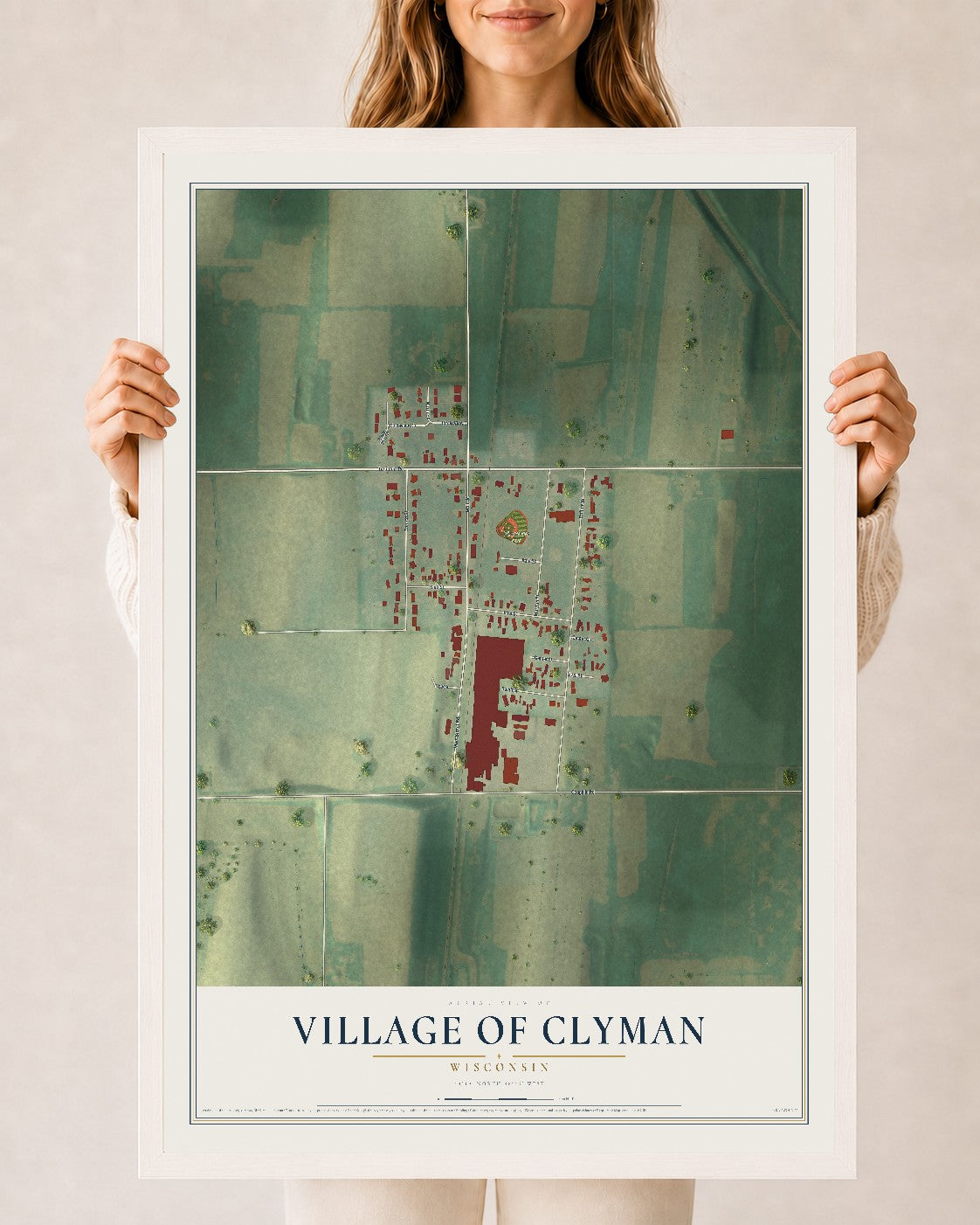 Map of Clyman, Wisconsin, 24 x 36 inch print in a white wood frame