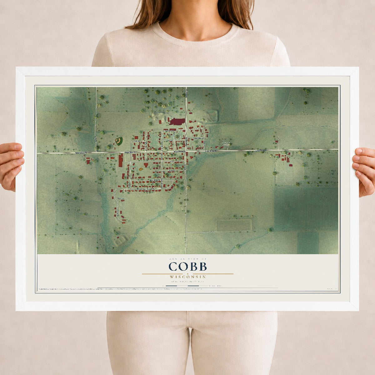 Map of Cobb, Wisconsin, 18 x 24 inch print in a white wood frame