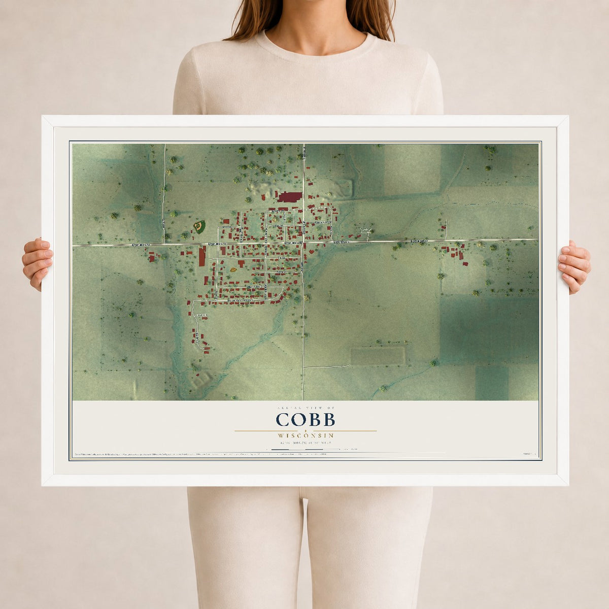 Map of Cobb, Wisconsin, 24 x 36 inch print in a white wood frame