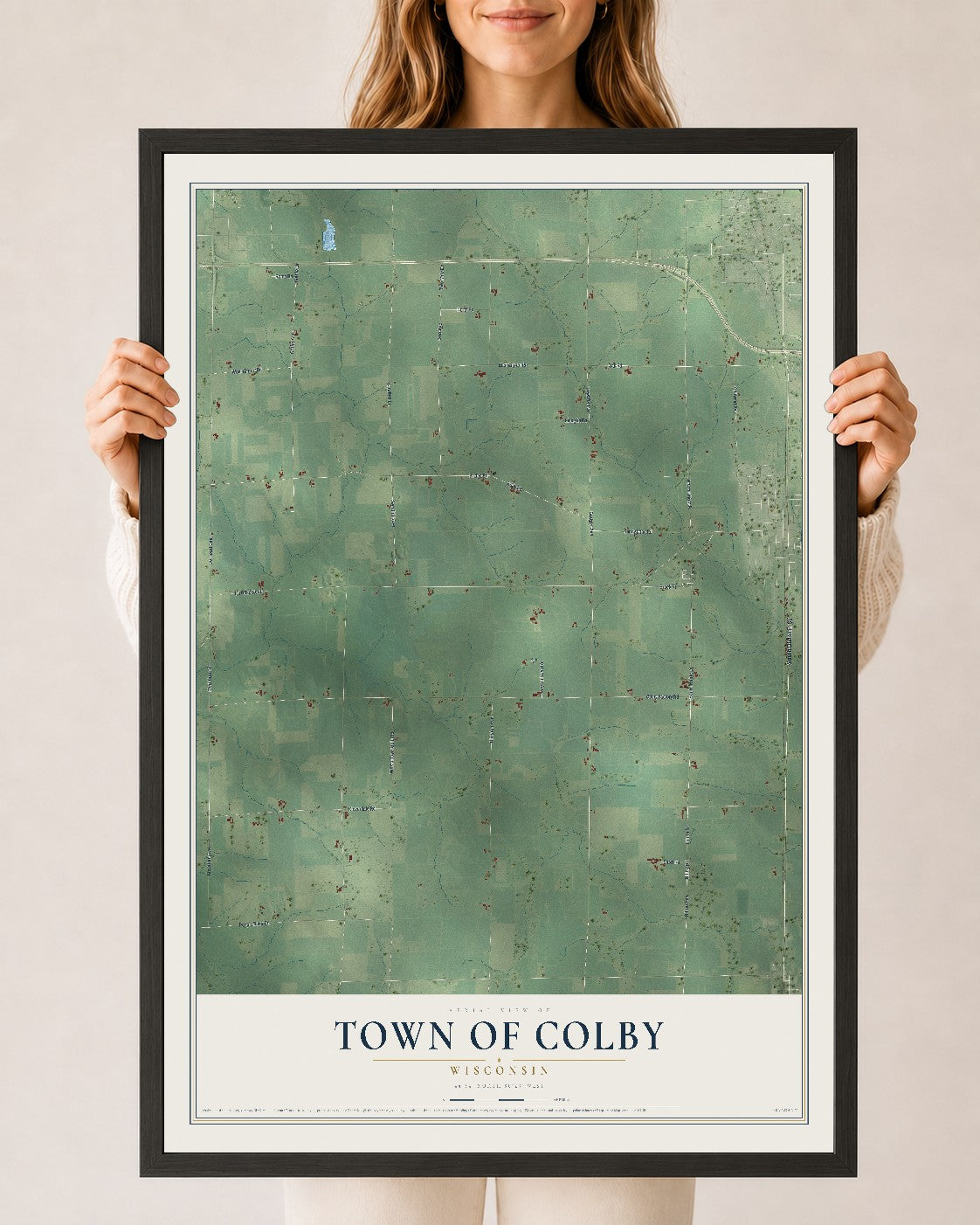 Map of the Town of Colby, Wisconsin, 24 x 36 inch print in a black wood frame