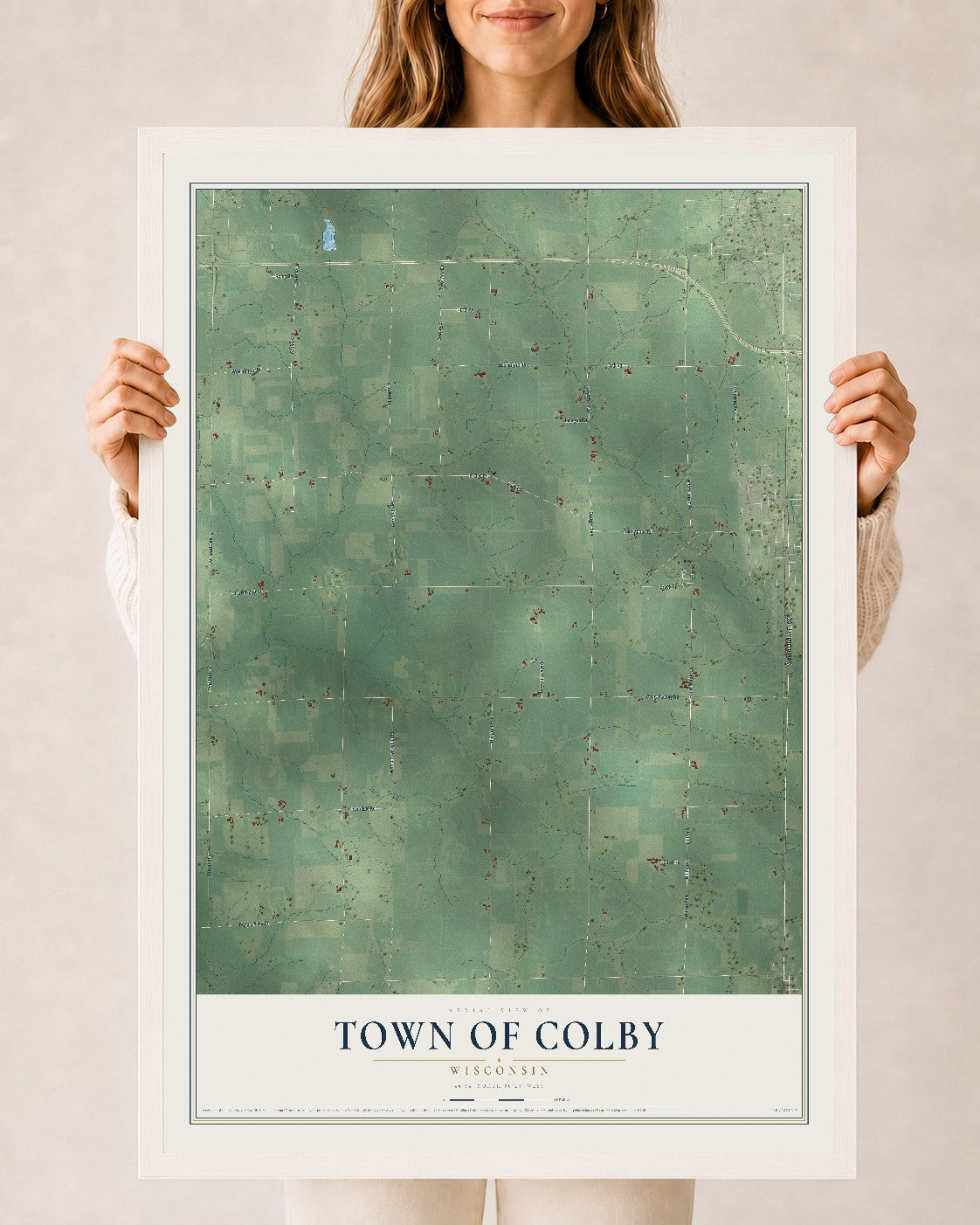 Map of the Town of Colby, Wisconsin, 24 x 36 inch print in a white wood frame