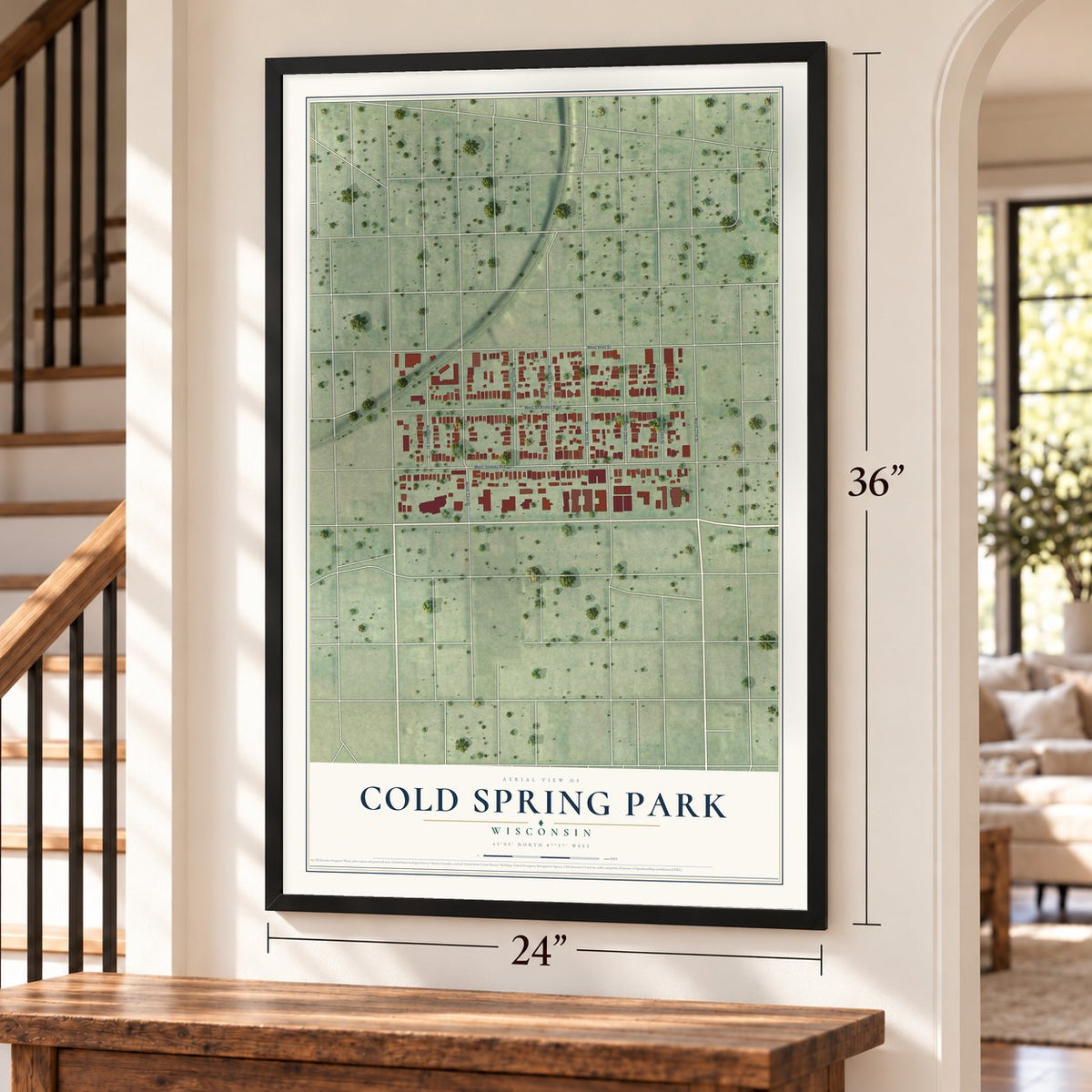 Cold Spring Park, Wisconsin map, 24 x 36 inch print in a black frame by a staircase