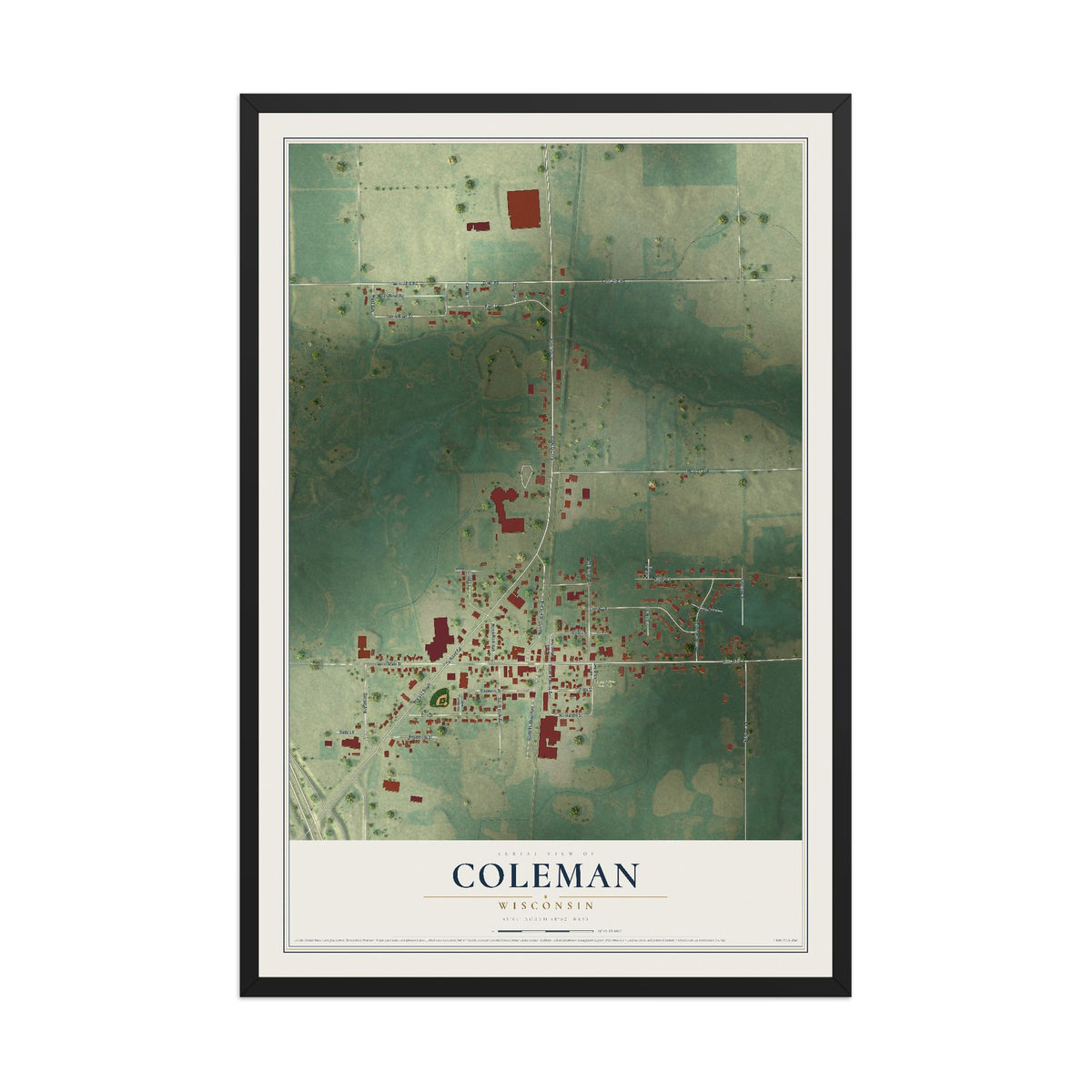 Map of Coleman, Wisconsin, 12 x 18 inch print in a black wood frame