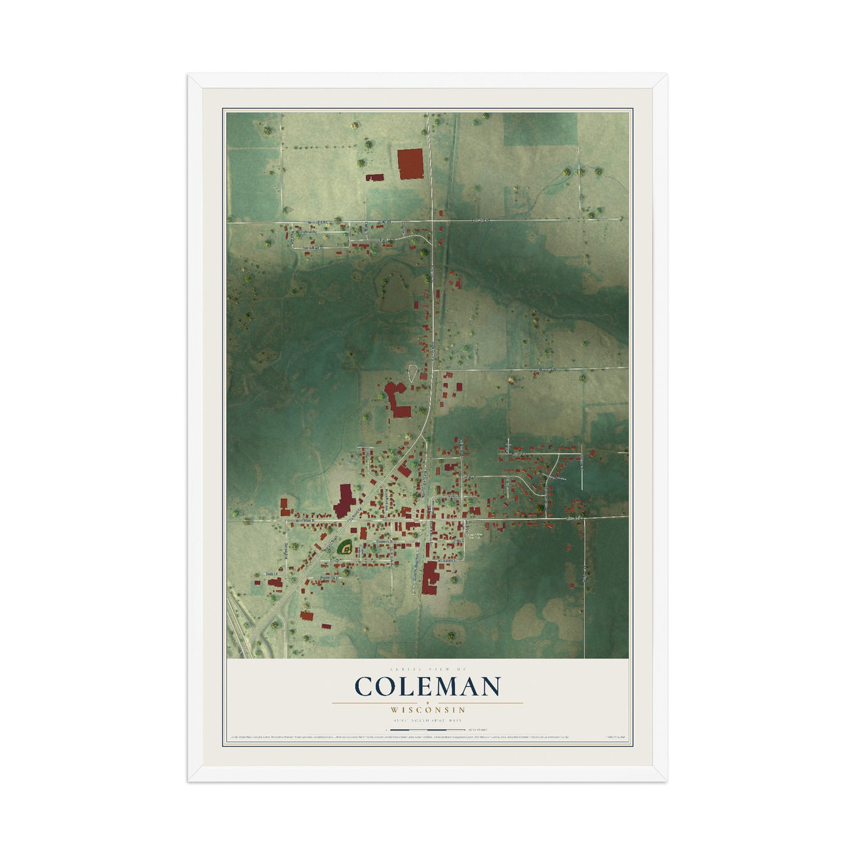 Map of Coleman, Wisconsin, 12 x 18 inch print in a white wood frame