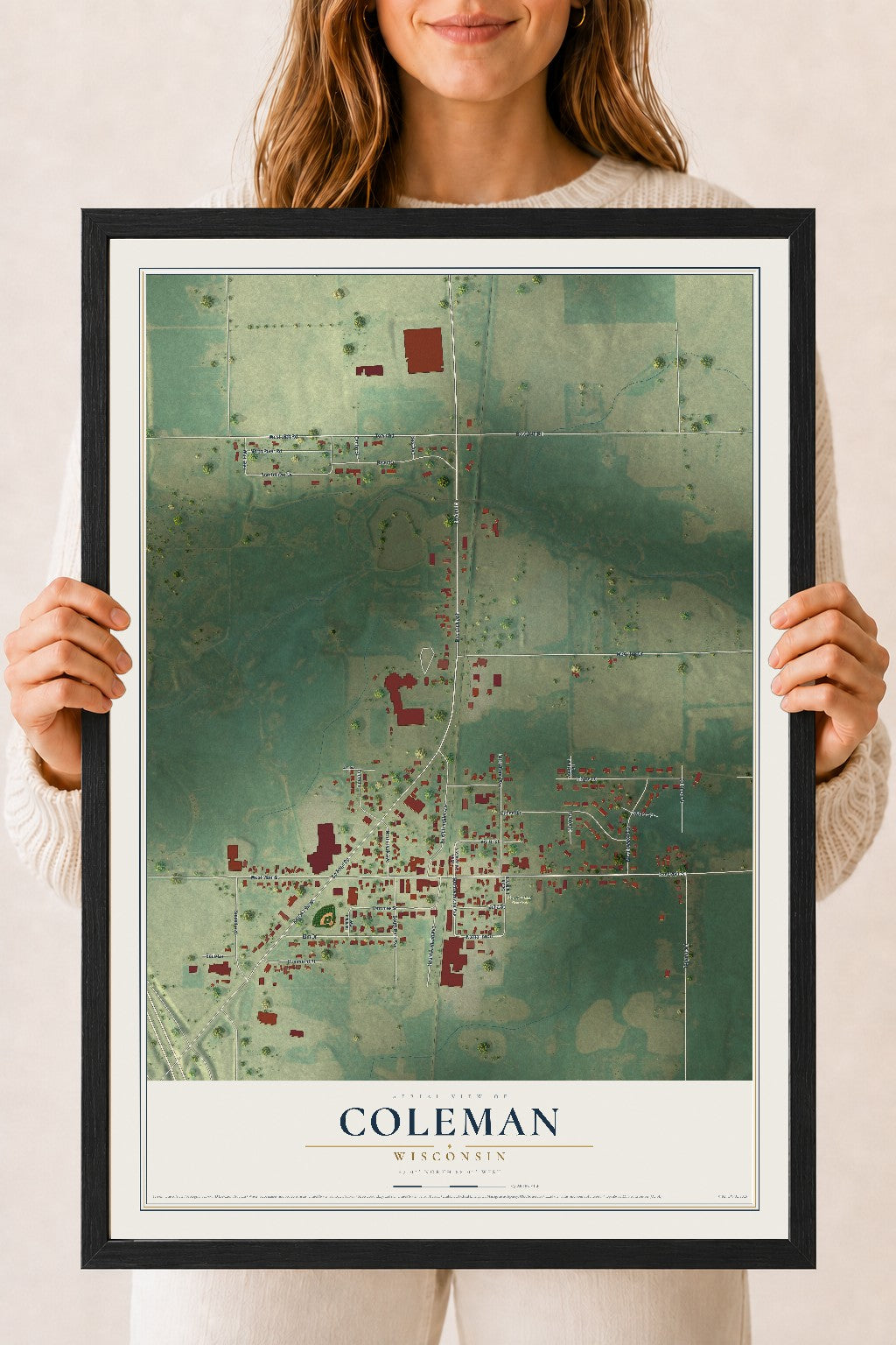 Map of Coleman, Wisconsin, 18 x 24 inch print in a black wood frame