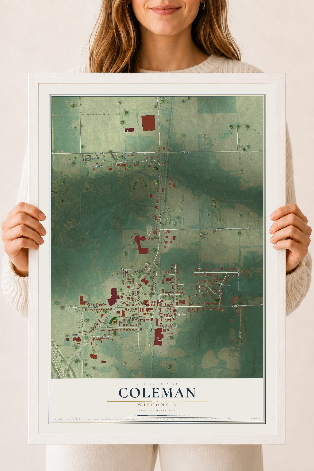 Map of Coleman, Wisconsin, 18 x 24 inch print in a white wood frame