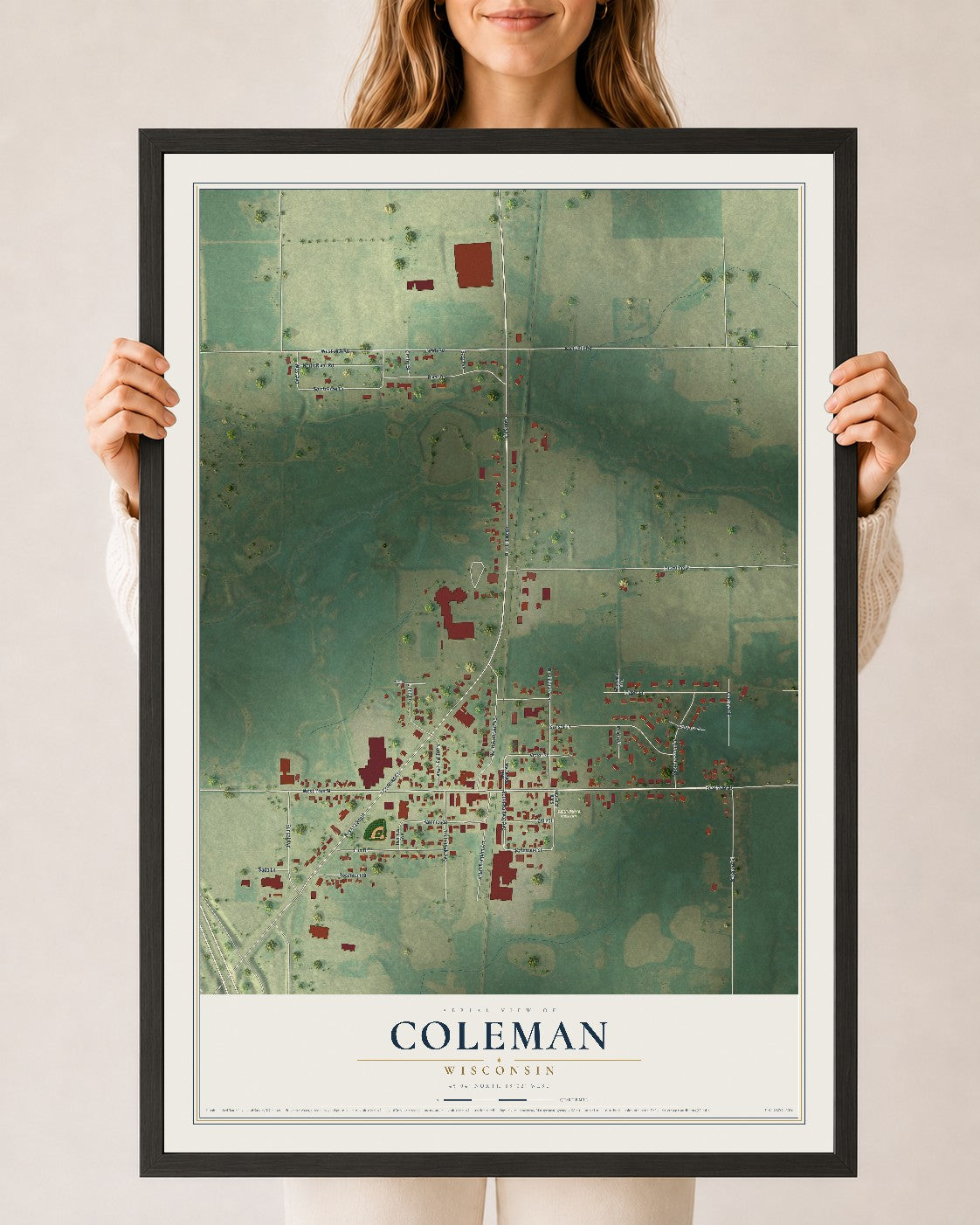 Map of Coleman, Wisconsin, 24 x 36 inch print in a black wood frame