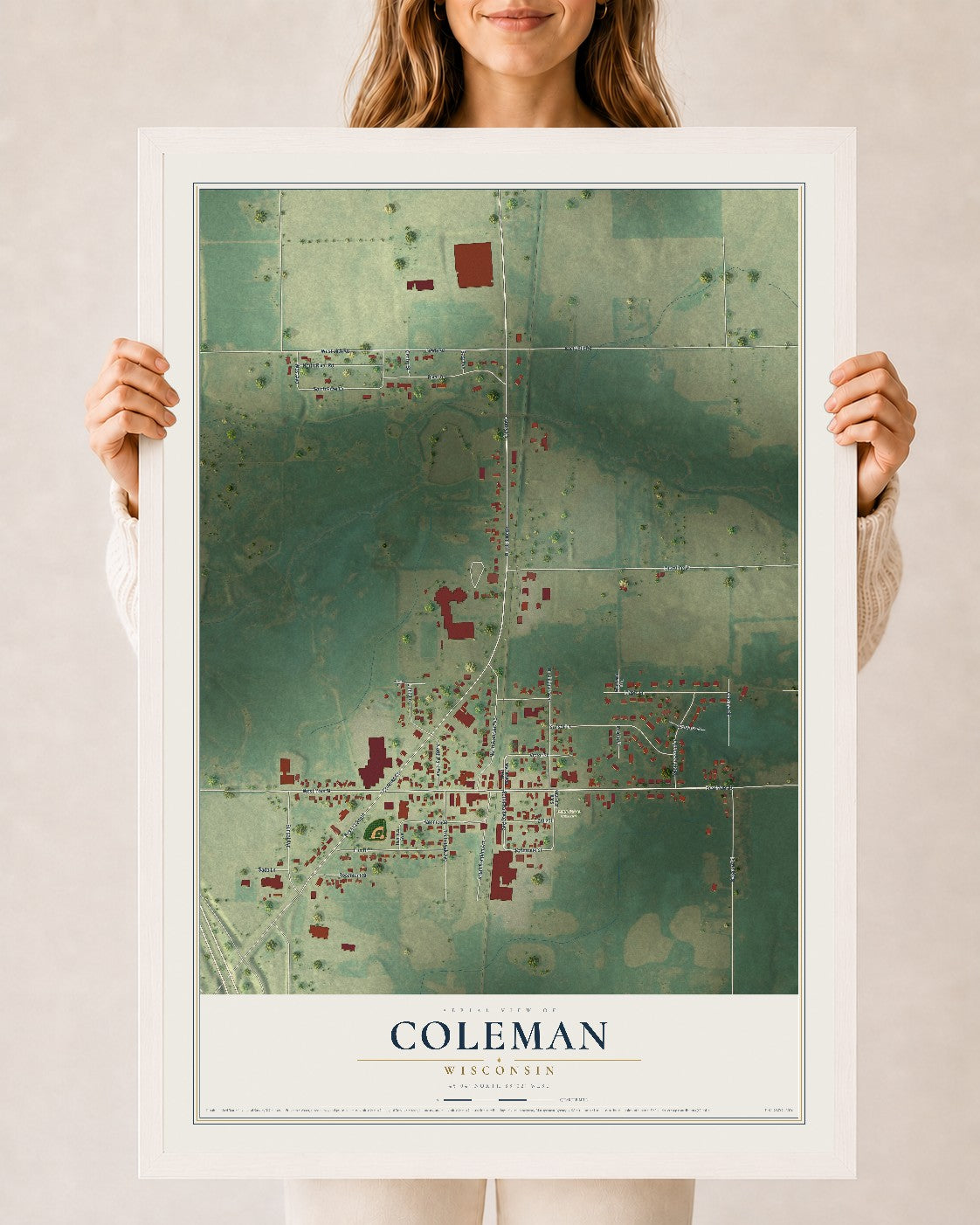 Map of Coleman, Wisconsin, 24 x 36 inch print in a white wood frame