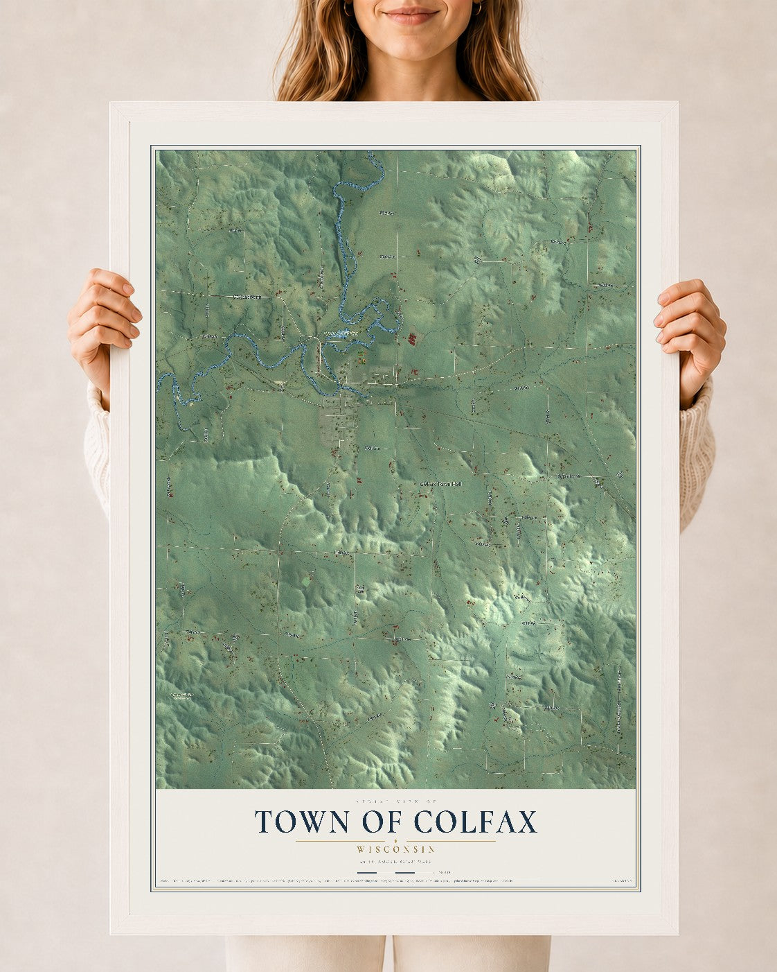 Map of the Town of Colfax, Wisconsin, 24 x 36 inch print in a white wood frame
