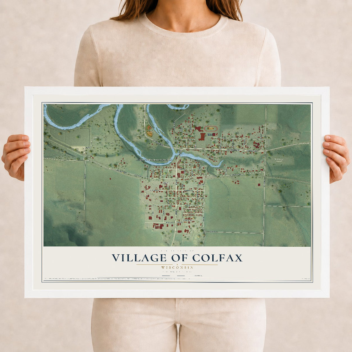 Map of Colfax, Wisconsin, 12 x 18 inch print in a white wood frame